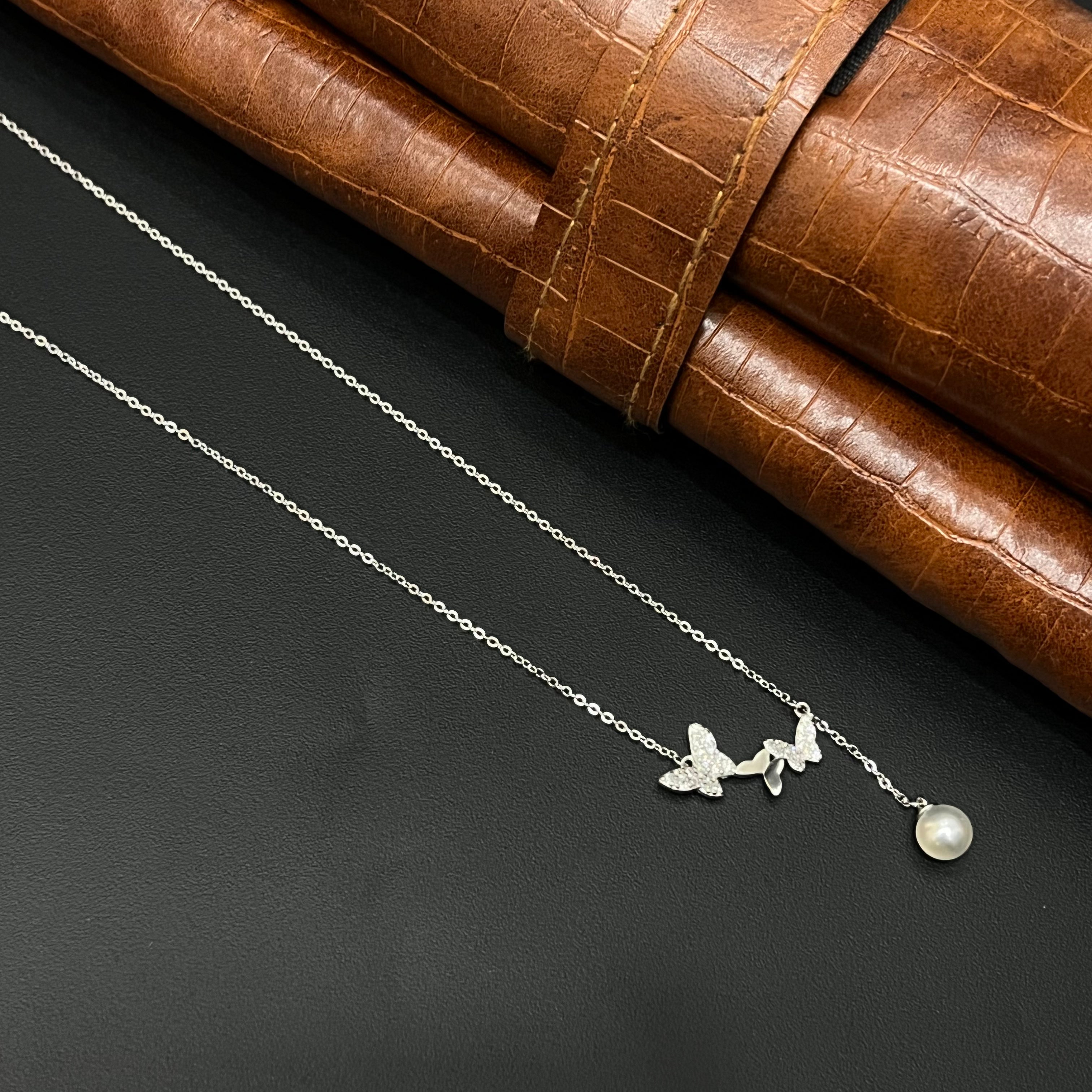 Silver Ladies Chain Double Butterfly With Pearl Hanging