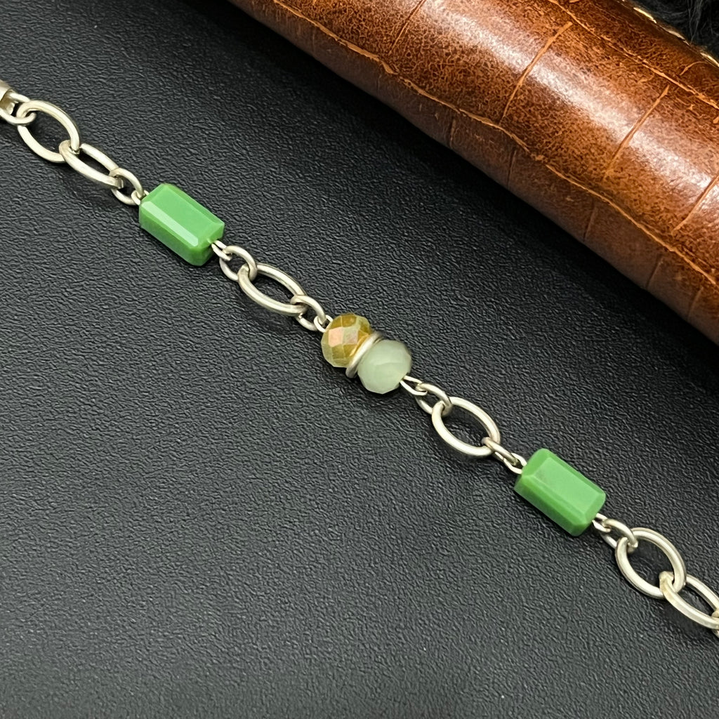 Silver Ladies Bracelet Rectangular Box &Green Stone