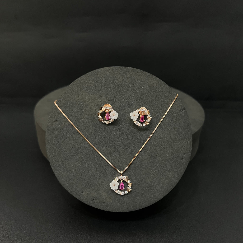 Silver Ladies Pendant Chain & Stud Set Butterfly Drops Rosegold