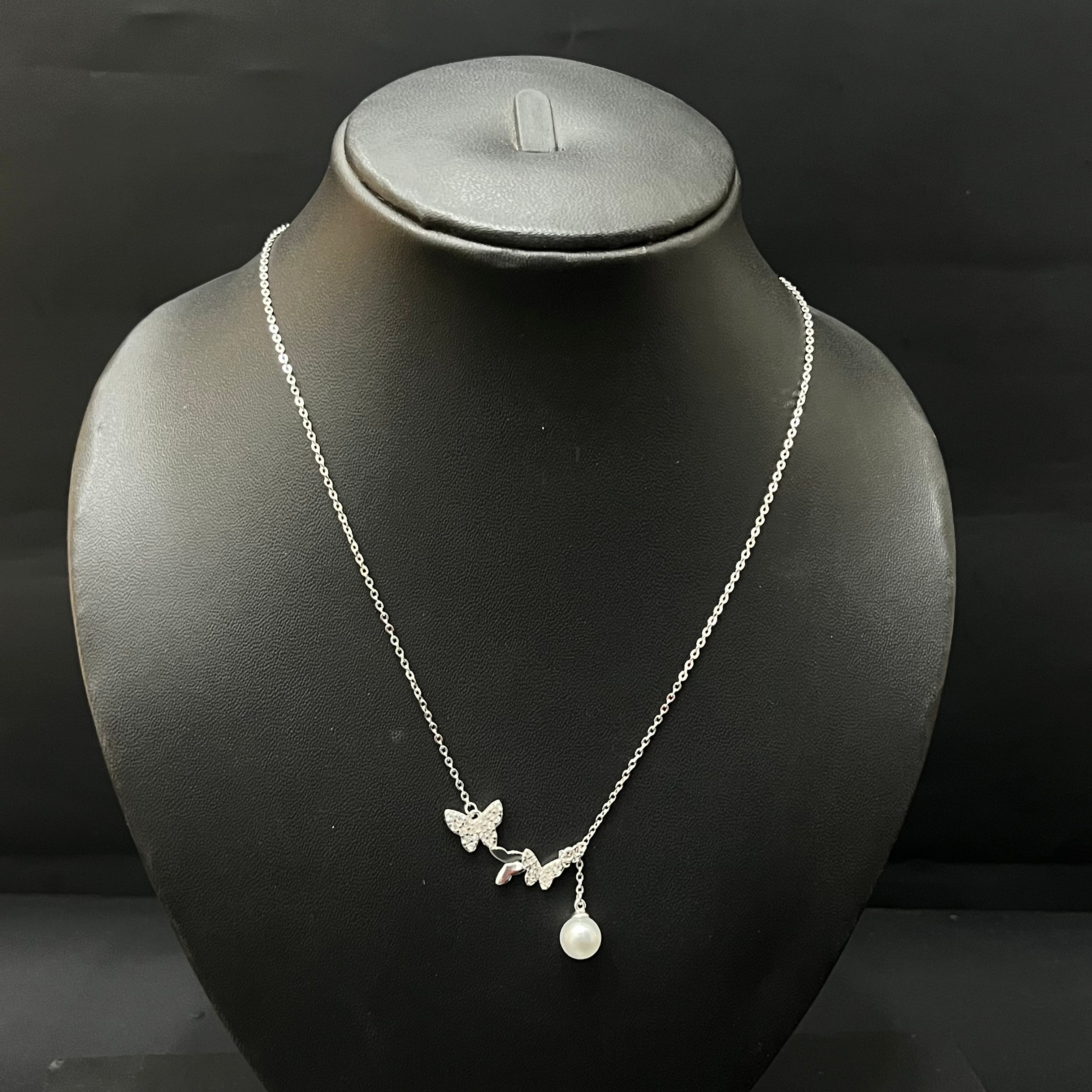 Silver Ladies Chain Double Butterfly With Pearl Hanging