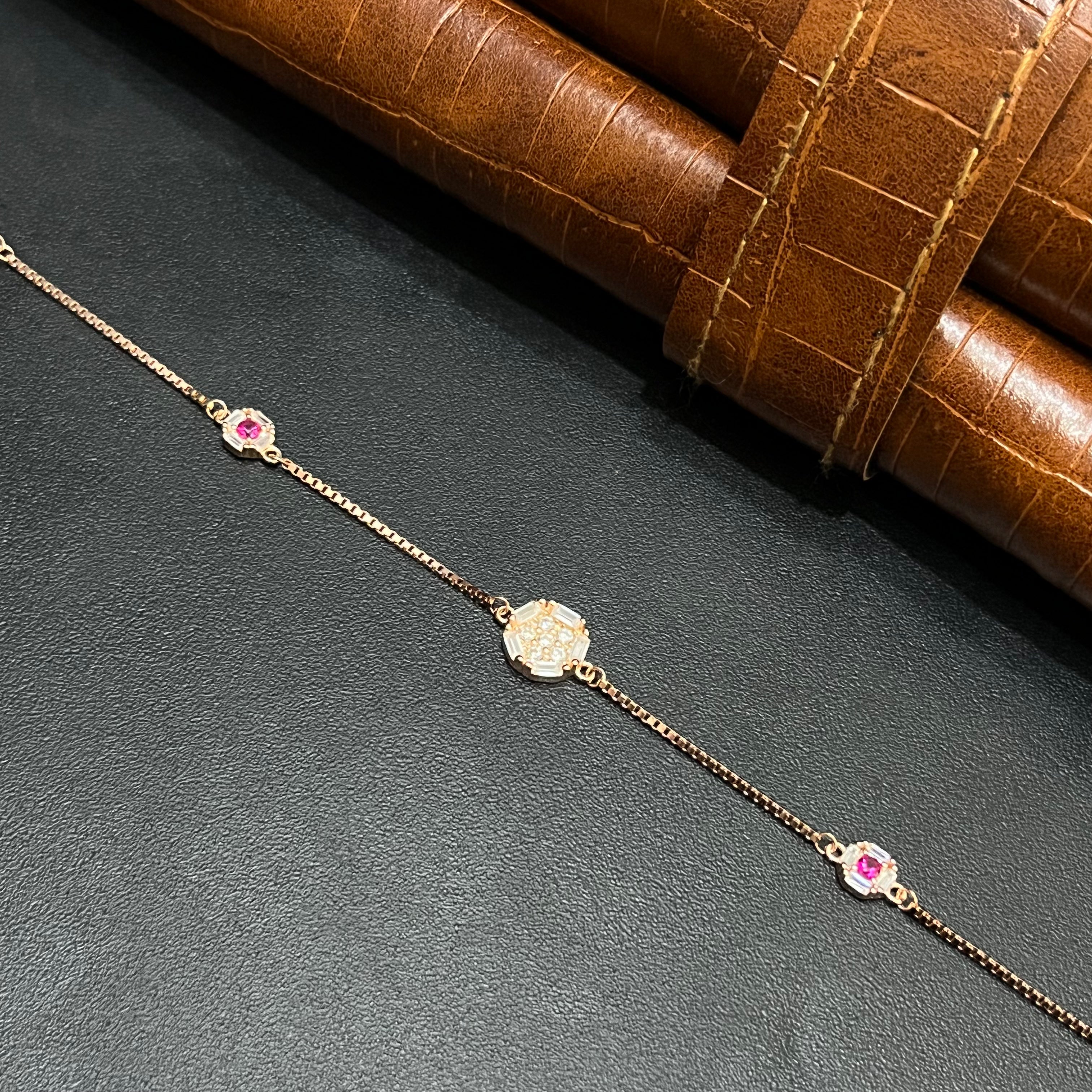 Silver Ladies Bracelet Royal Pink Crystal Trio Rose Gold 925