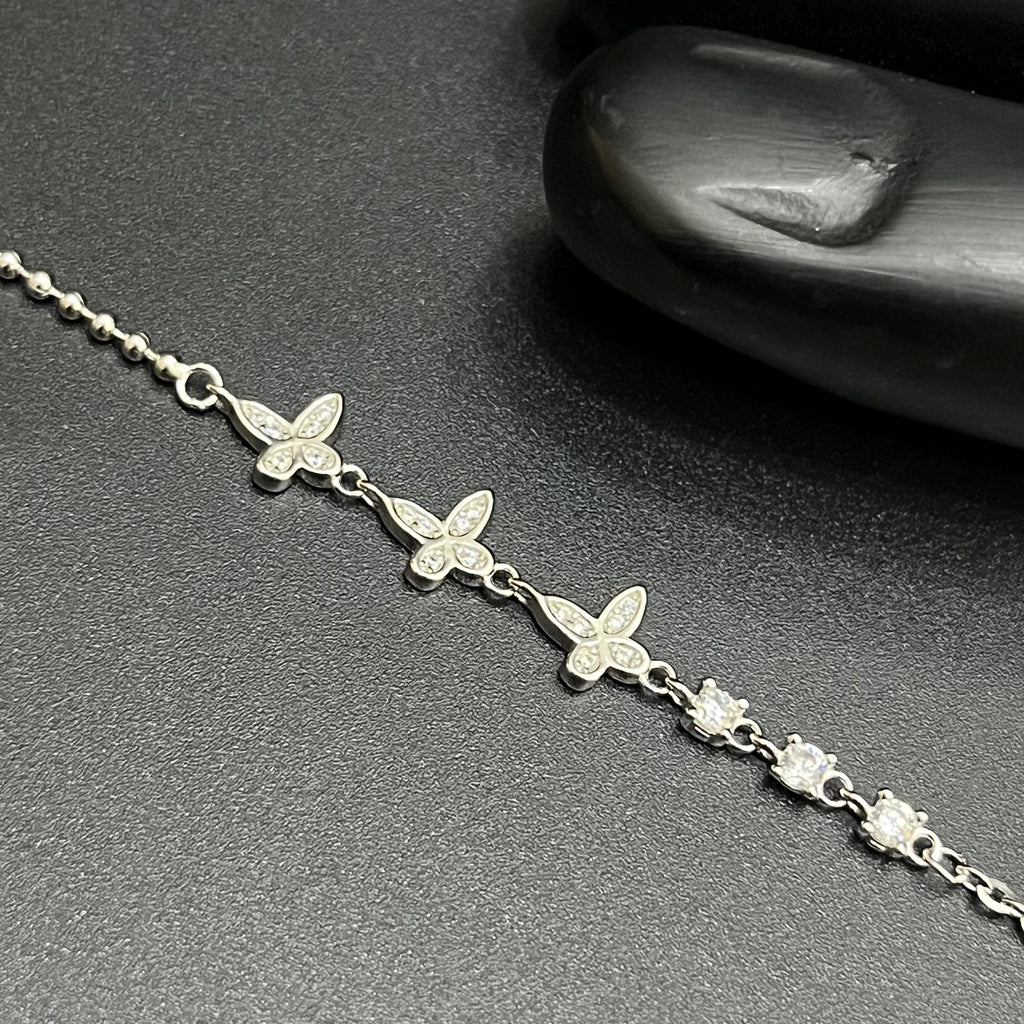 Silver Ladies Anklet Butterfly Charms Crystal Stone 925