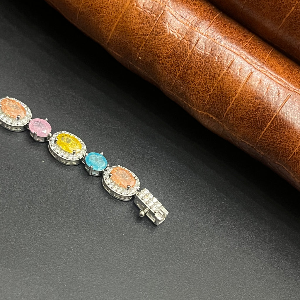 Silver Ladies Bracelet Rainbow Crystal Oval Link M03 925