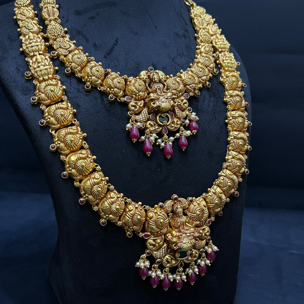 Silver Ladies Necklace And Haram Antique Lakshmi Devi Pink Nakshatra Gold Finish 925