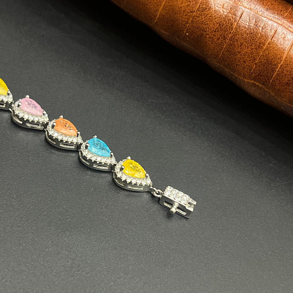 Silver Ladies Bracelet Rainbow Crystal Oval Link M01 925