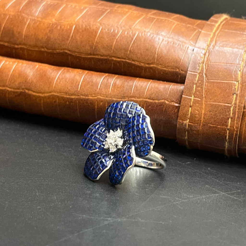 Silver Ladies Ring Ocean Blue Flower Crystal 925