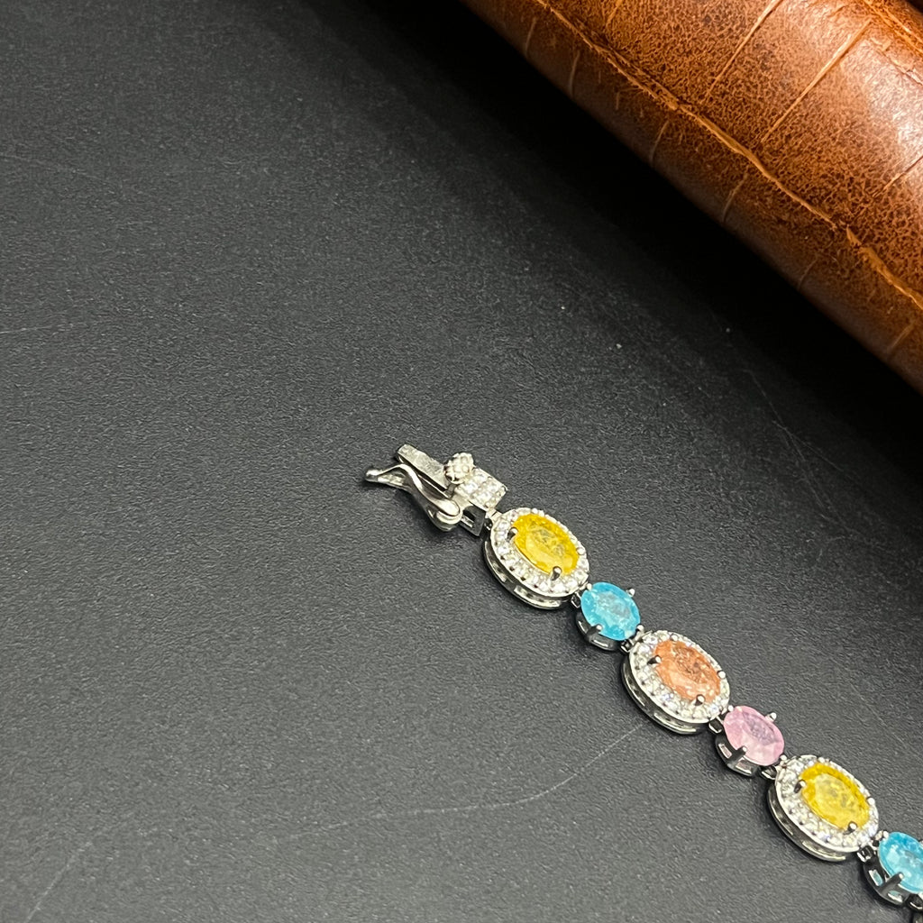 Silver Ladies Bracelet Rainbow Crystal Oval Link M03 925