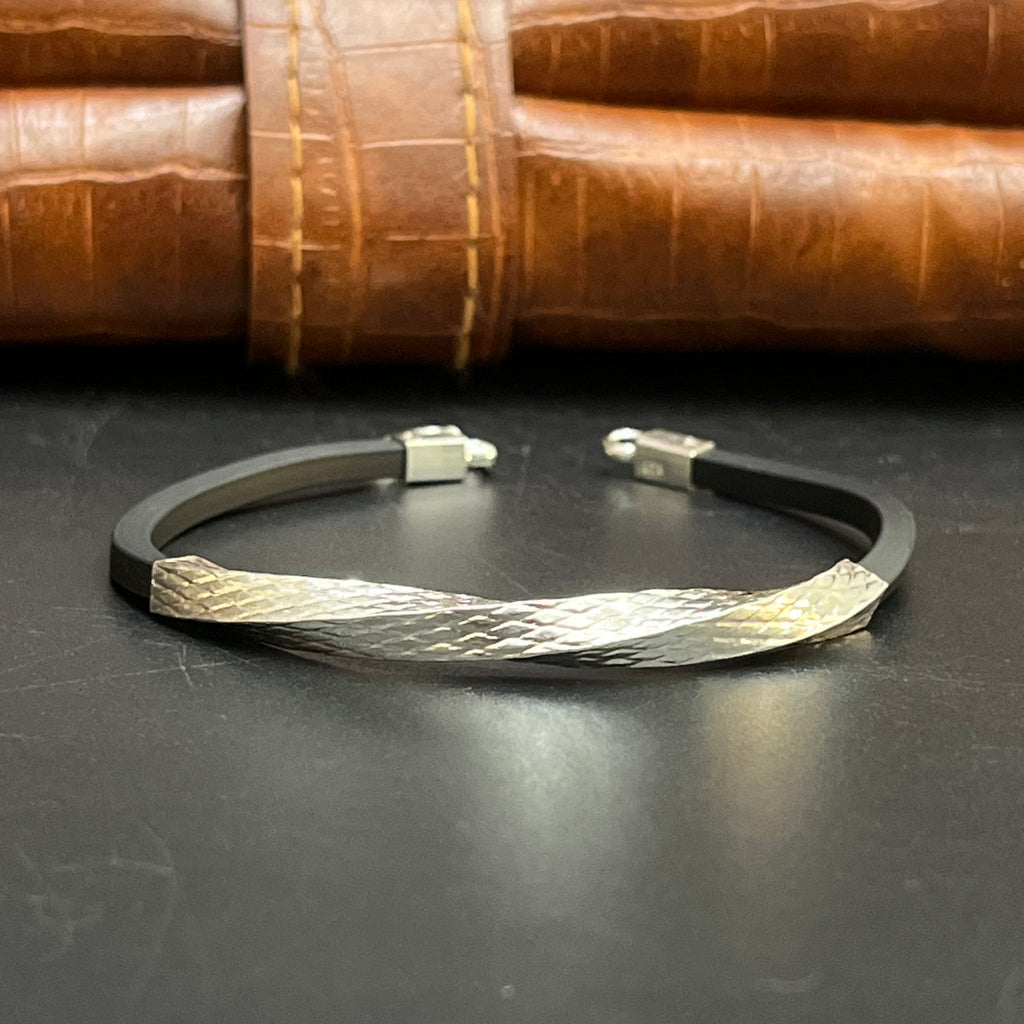 Silver Kids Bracelet Twist Textured Black Band 925