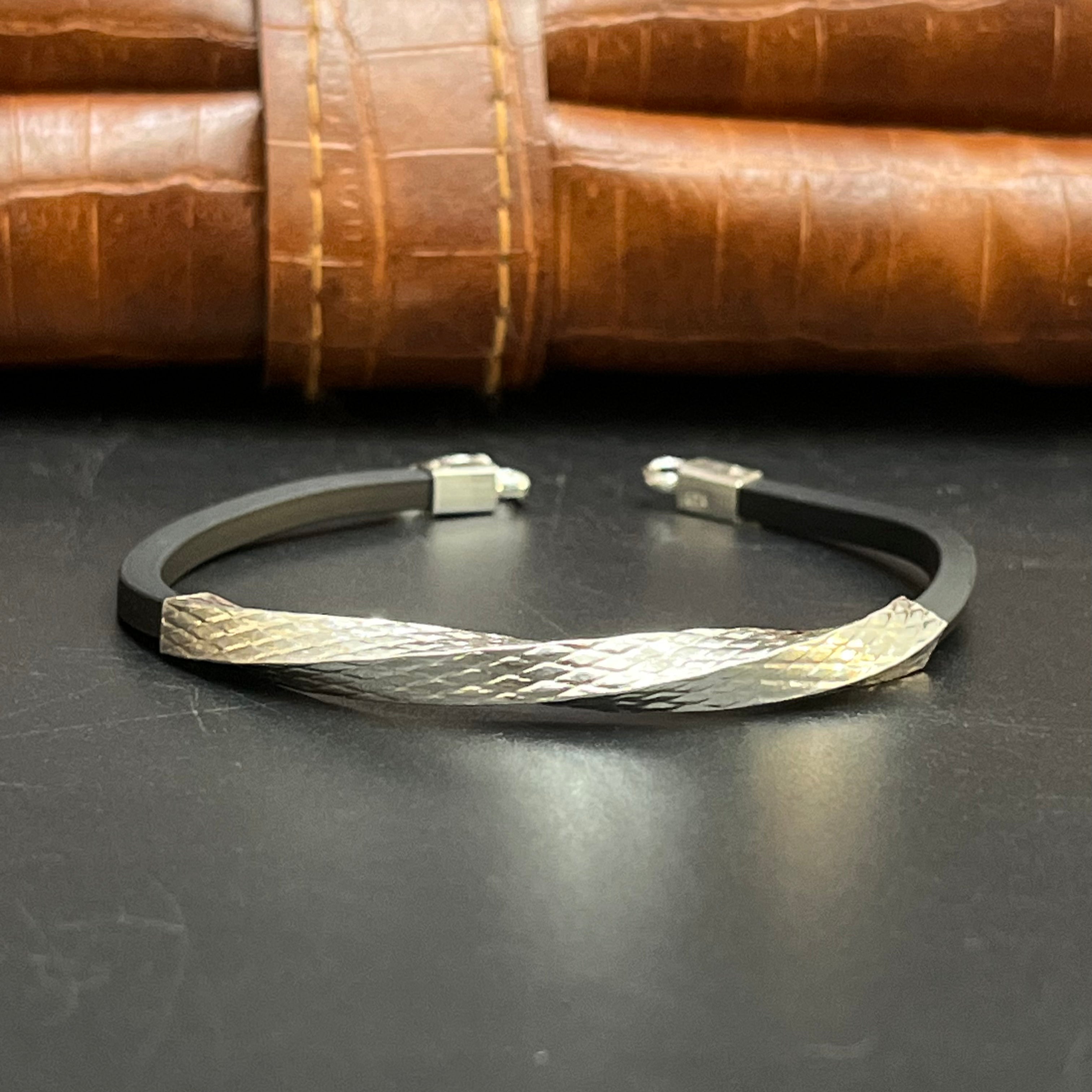 Silver Kids Bracelet Twist Textured Black Band 925