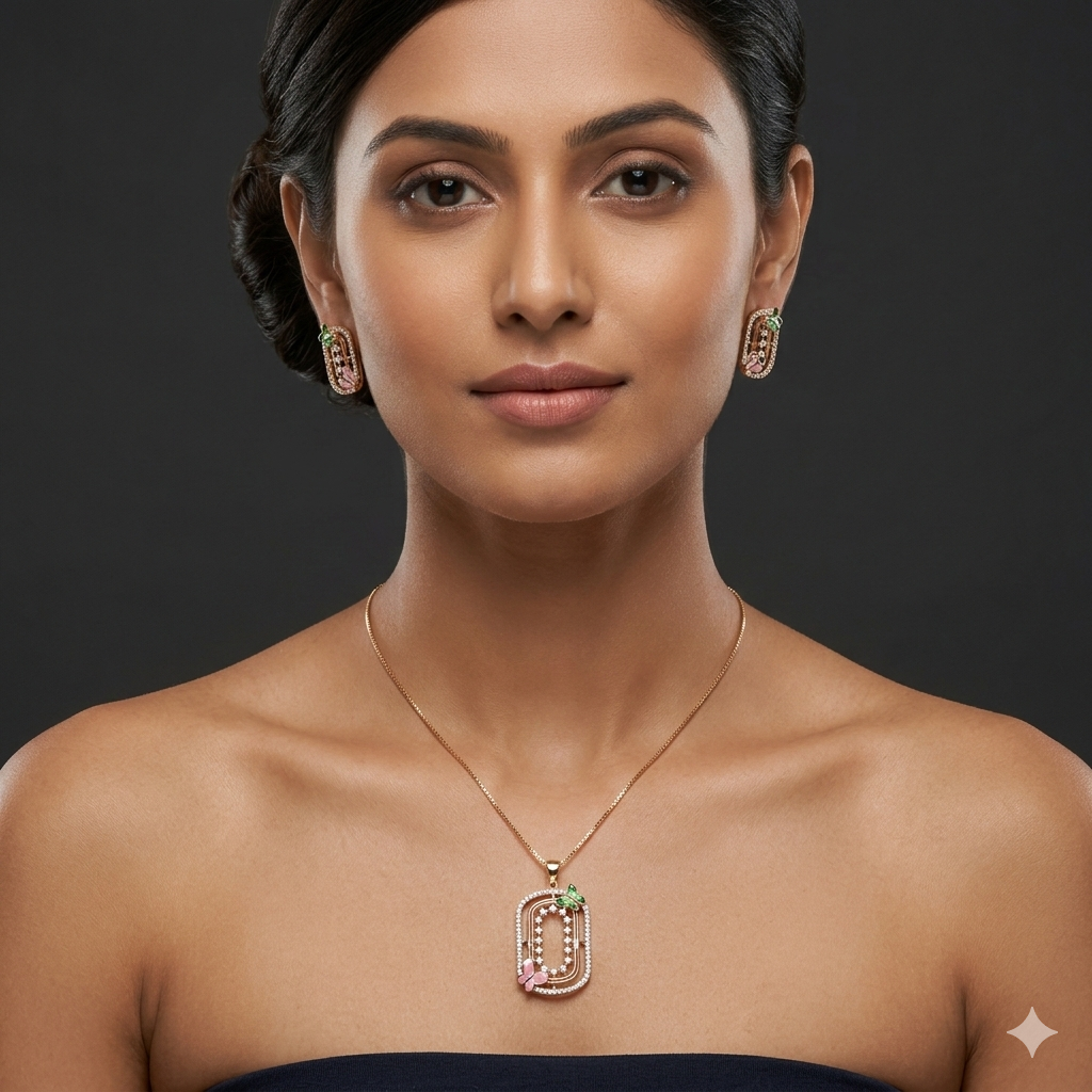 Silver Ladies Pendant Chain Square Butterfly rosegold