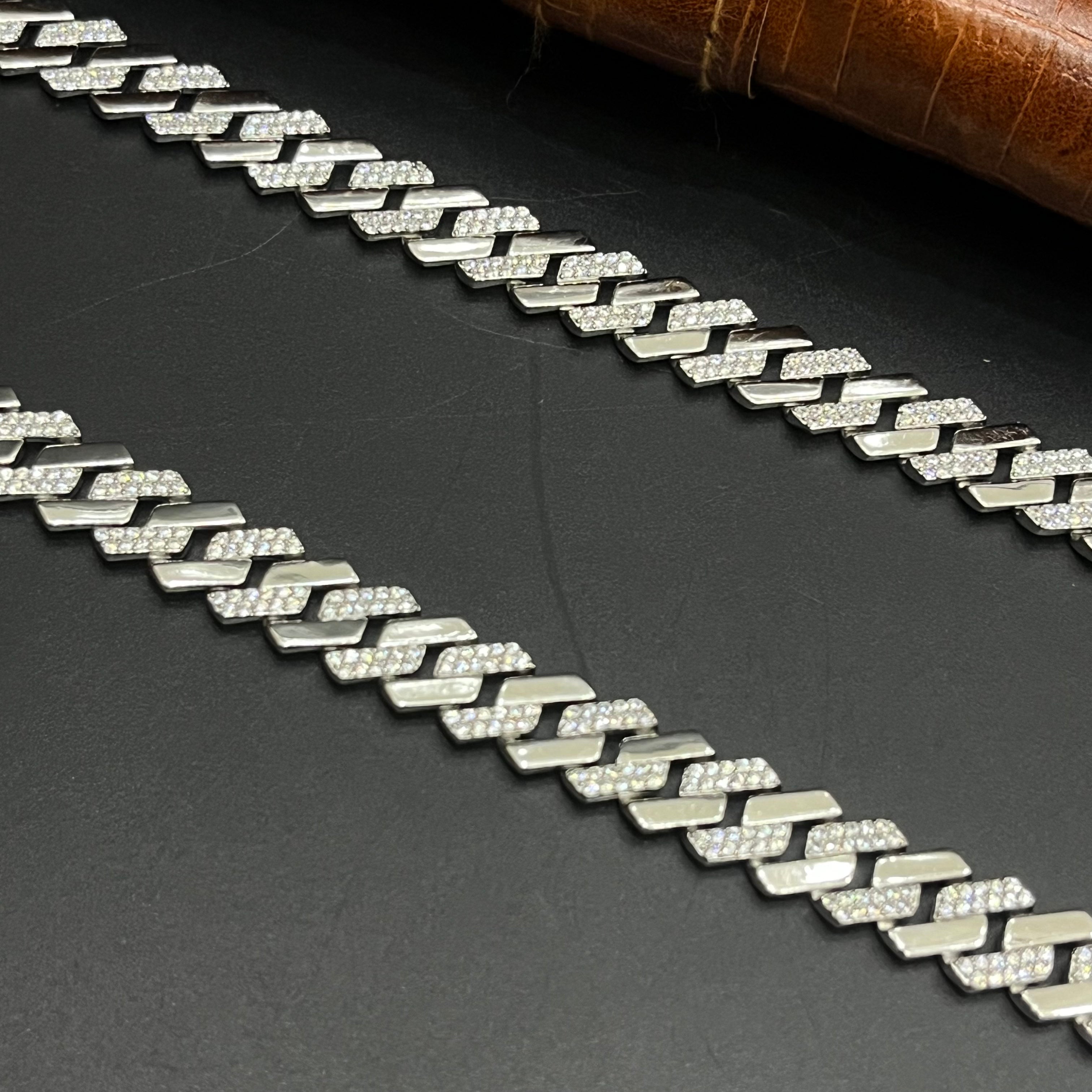 Silver Mens Chain Luxury Cuban Cut Diamond Stones M02 925