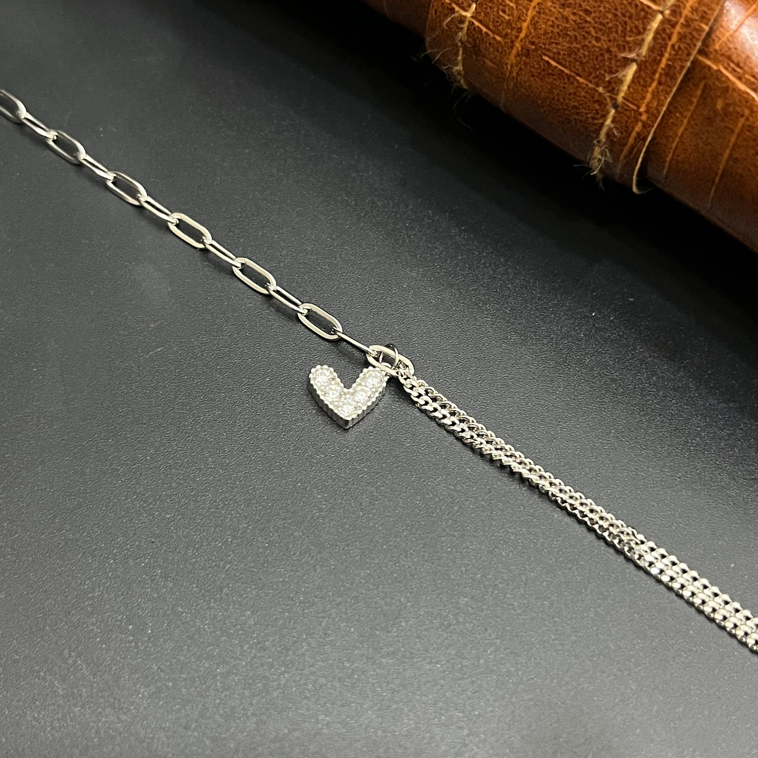 Silver Ladies Bracelet Heart Double Layer Link Lock 925