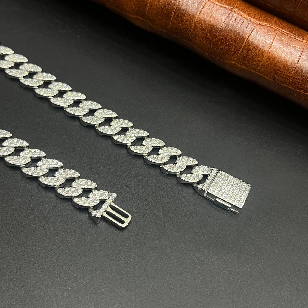Silver Mens Chain Luxury Cuban Cut Diamond Stones M01 925
