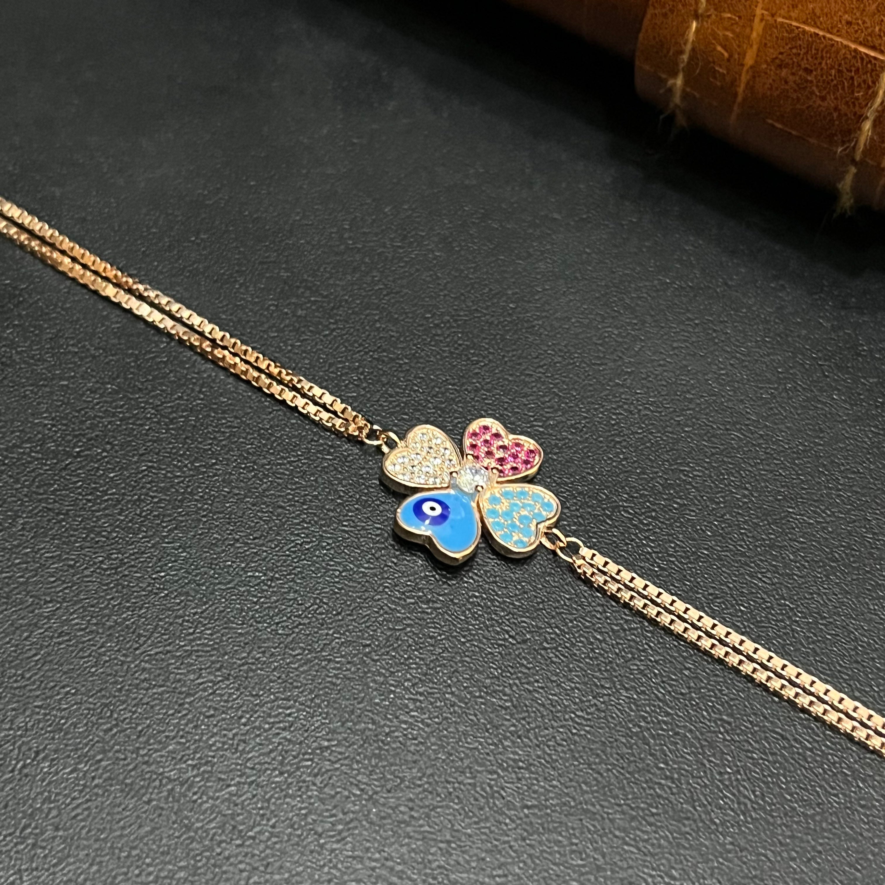 Silver Ladies Bracelet Multicolor Heart Charms Two Link  Rose Gold 925
