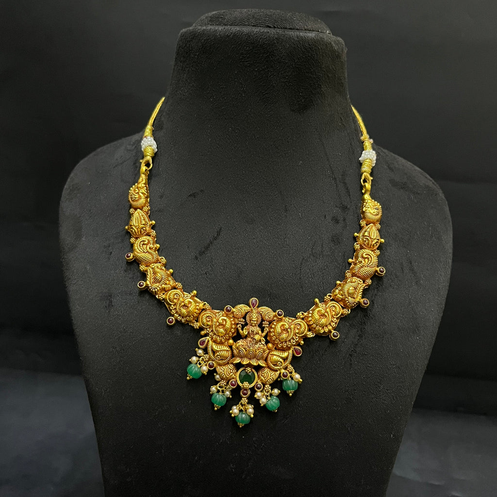 Silver Ladies Necklace And Haram Antique Lakshmi Devi Green Nakshatra Gold Finish 925
