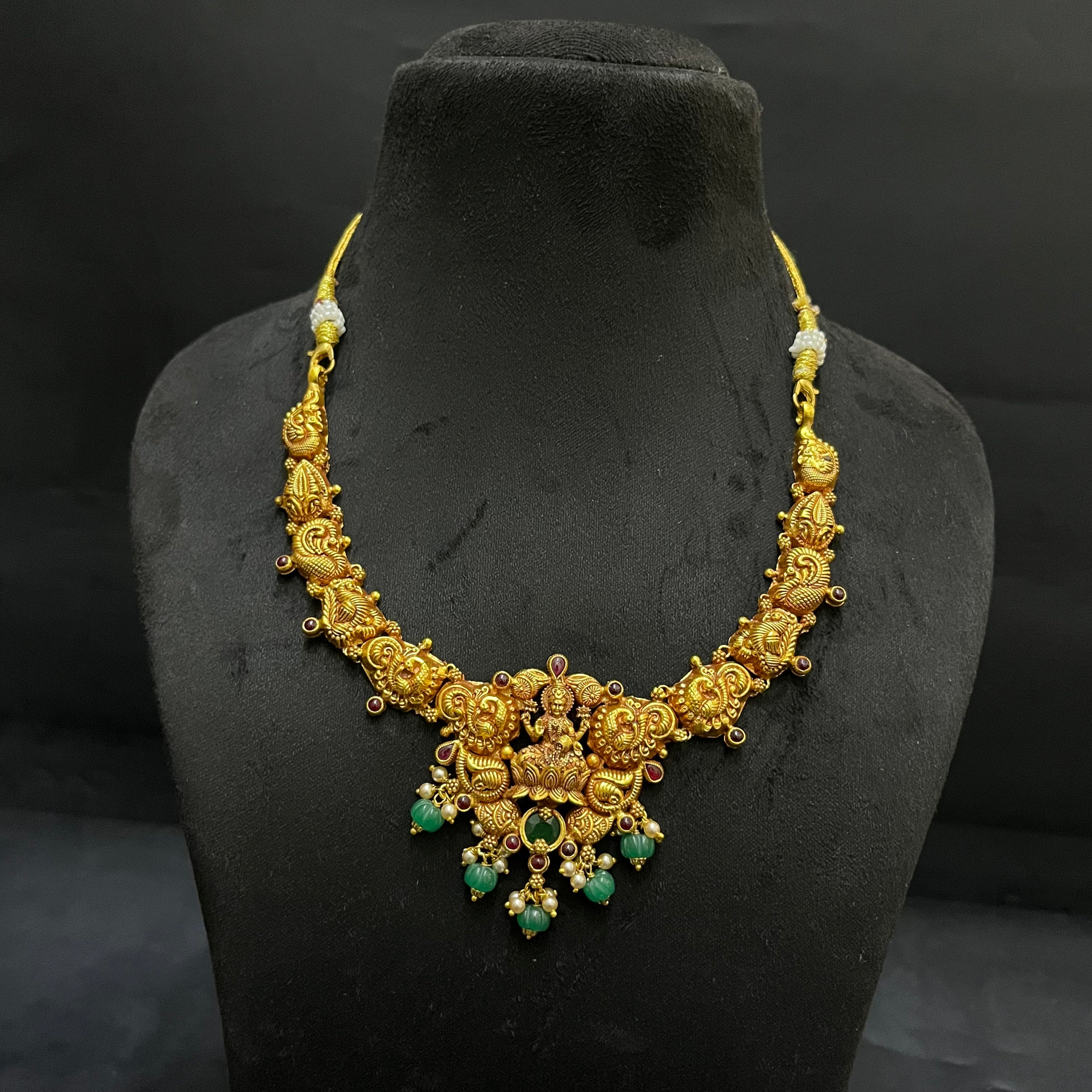 Silver Ladies Necklace And Haram Antique Lakshmi Devi Green Nakshatra Gold Finish 925
