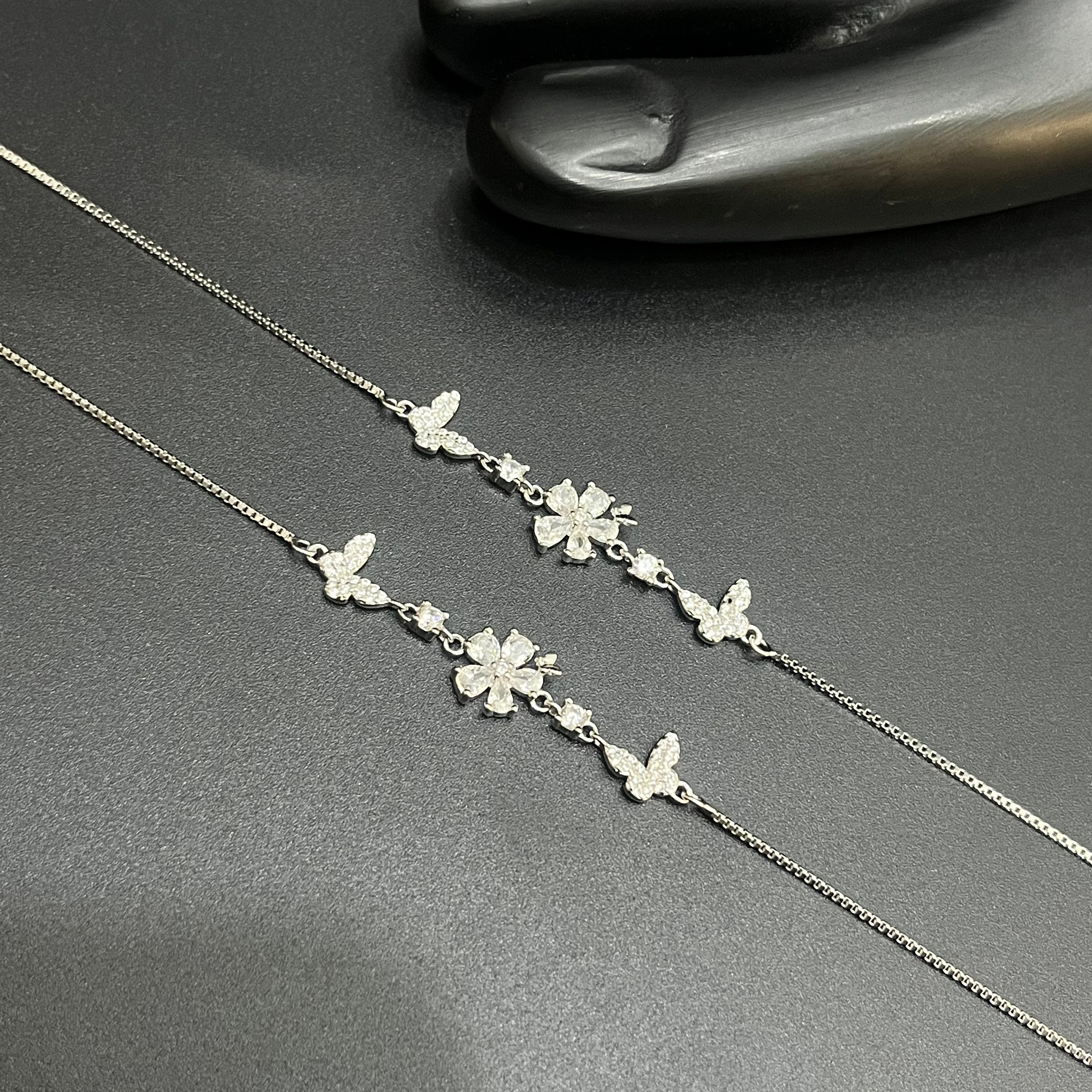 Silver Ladies Anklet Petal Butterfly Charms 925