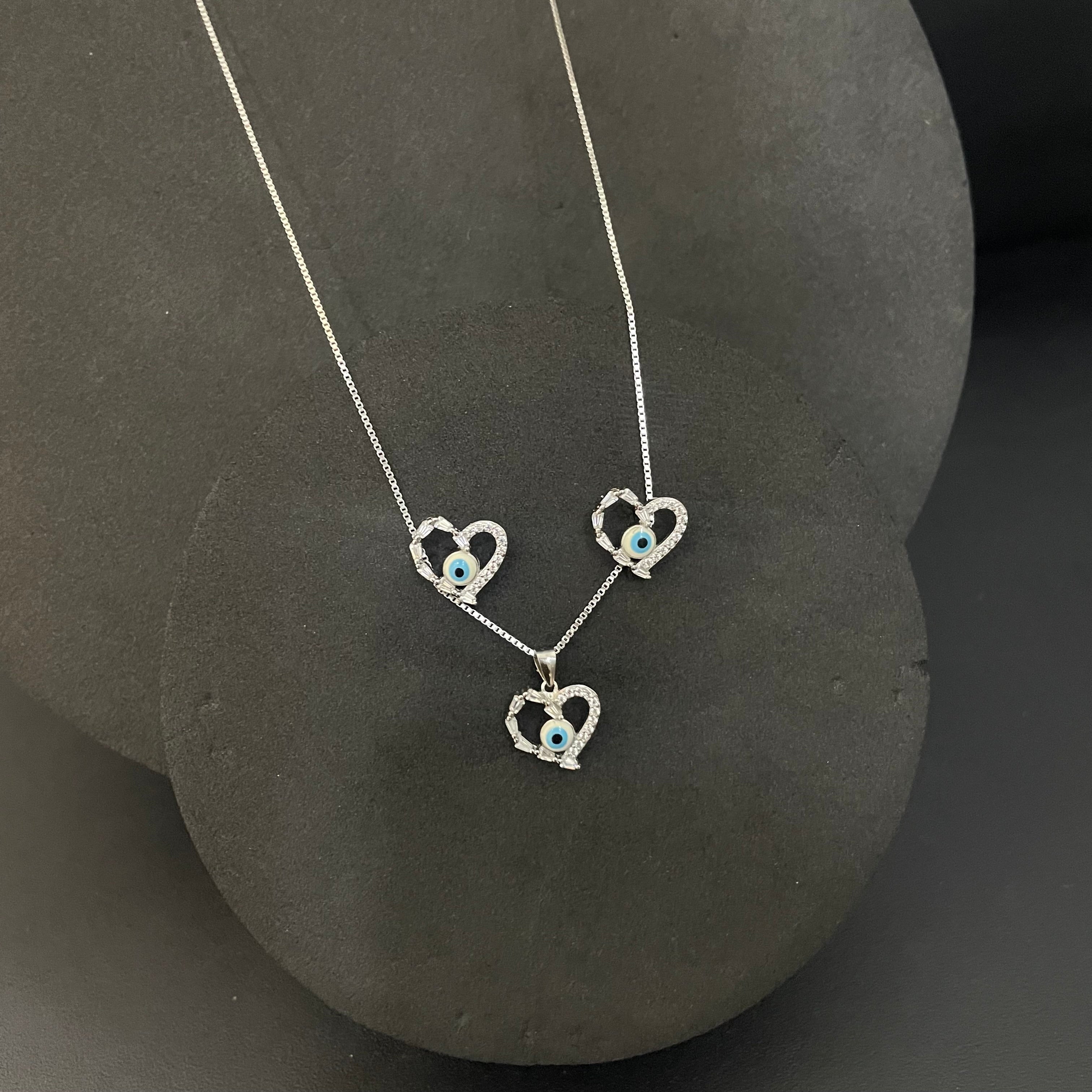 Silver Ladies Pendant Chain Set Evil Eye Heartz