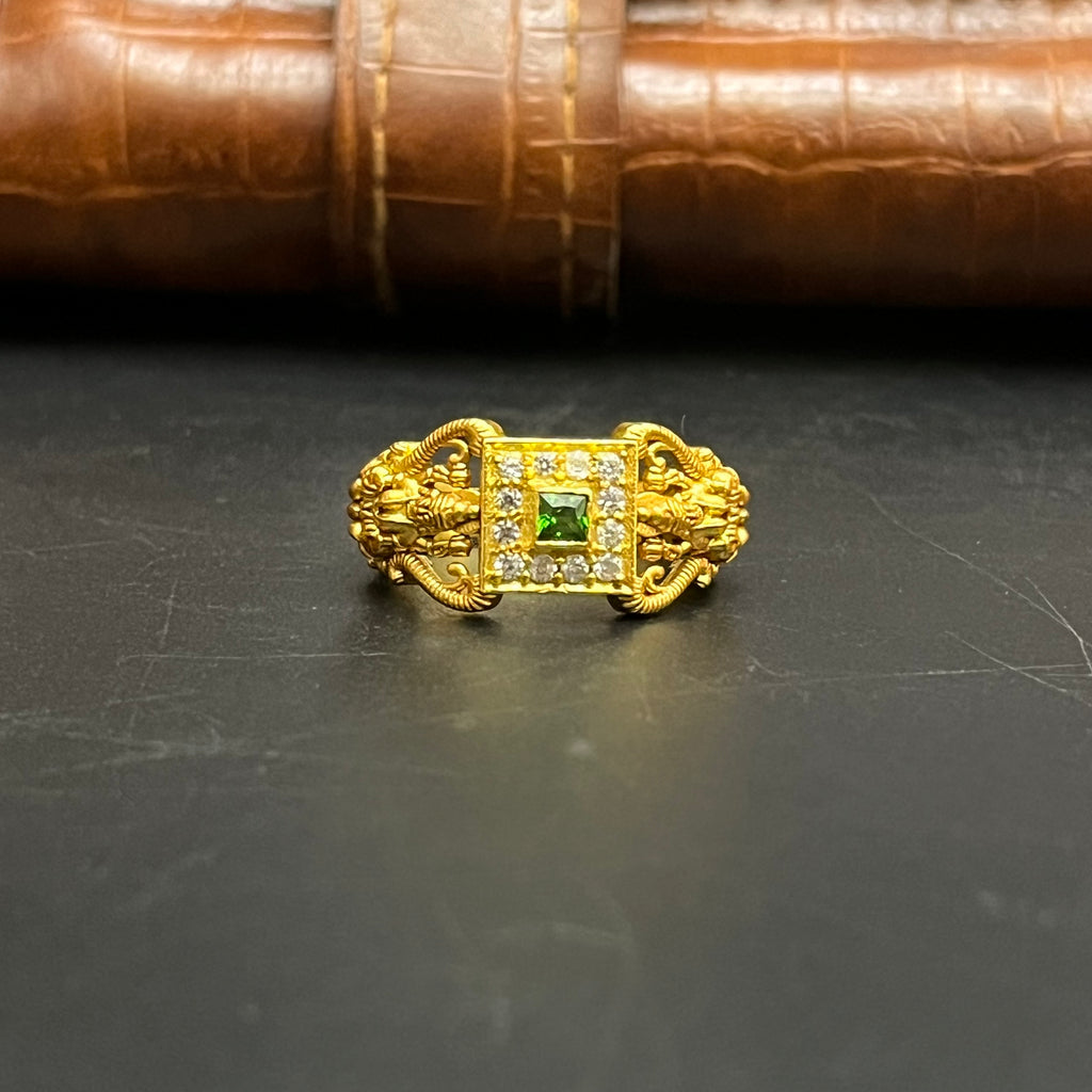 Silver Mens Ring Traditional Antique Green Emerald Green Perumal Art Gold Finish M01 925