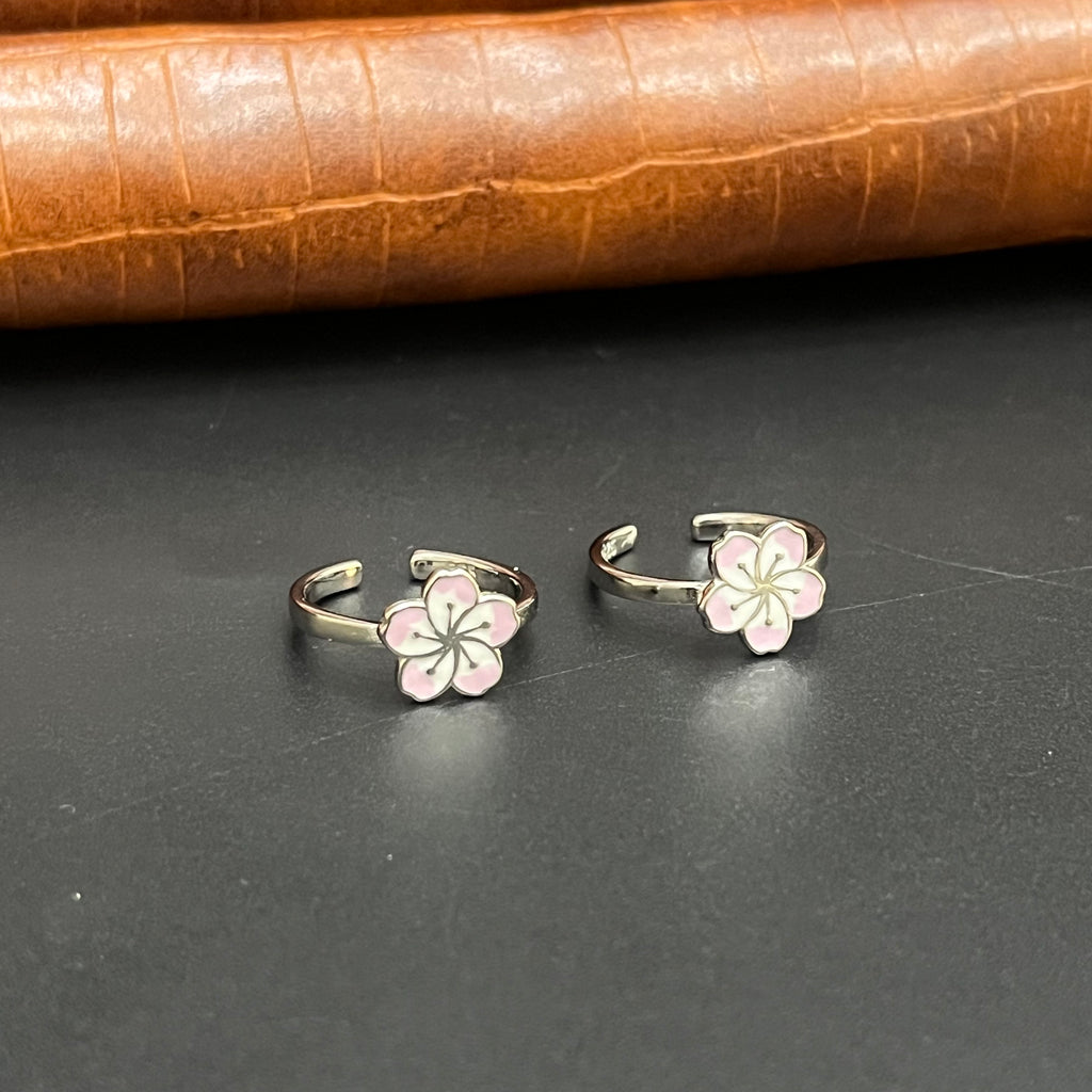 Silver Ladies Toe Rings Pink Flower 925