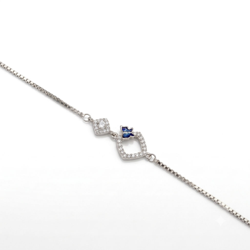 Silver Ladies Bracelet Royal Square Crystal Butterfly 925