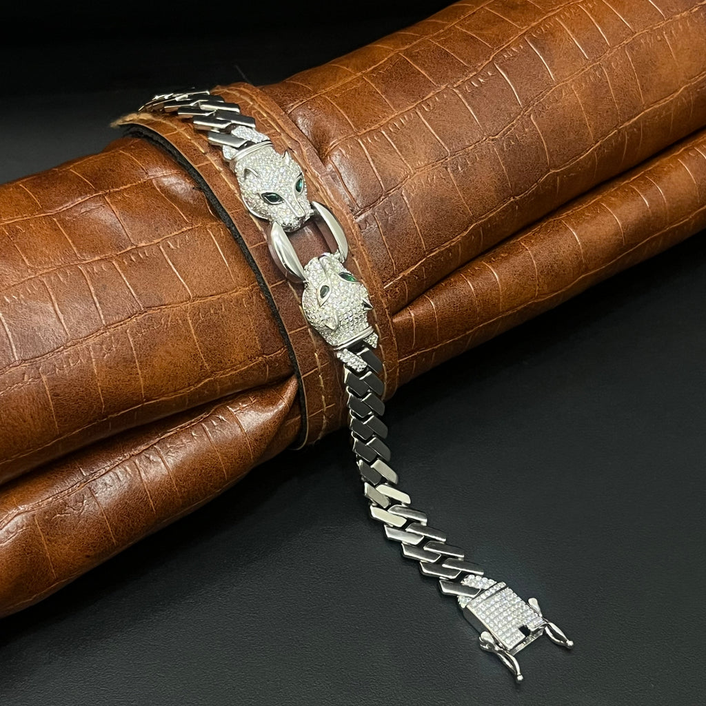 Silver Jaguar Mens Cuban Bracelet 925