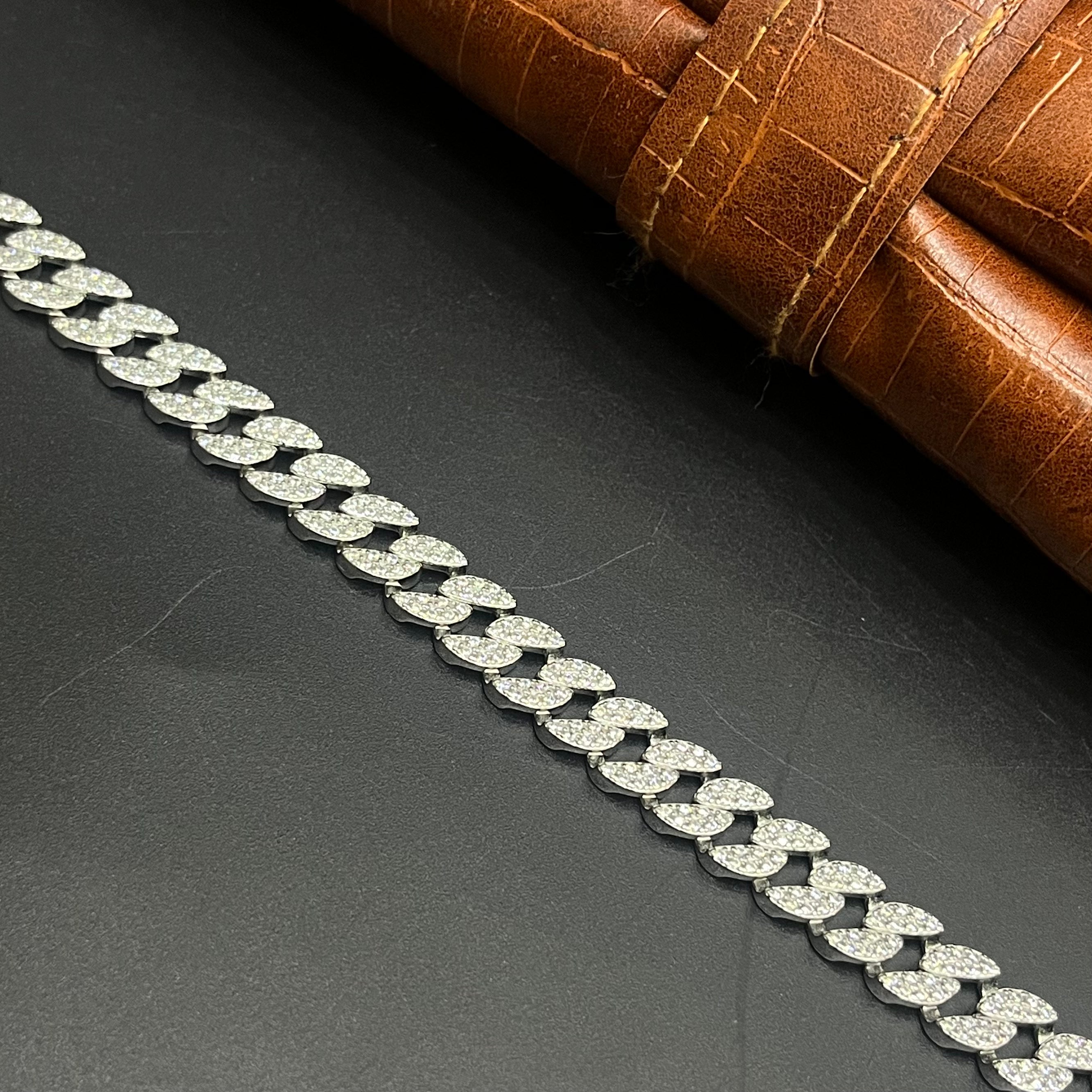Silver Mens Chain Luxury Cuban Cut Diamond Stones M01 925