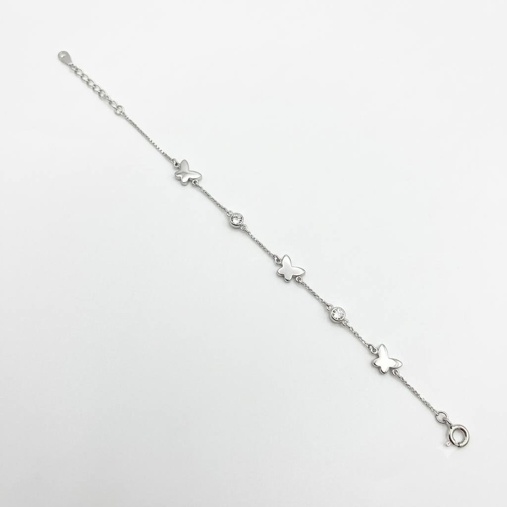 Silver Ladies Bracelet Triple Butterfly White Stone 925