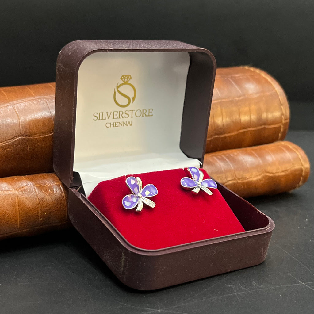 Silver Ladies Stud Royal Purple Floral Charm 925