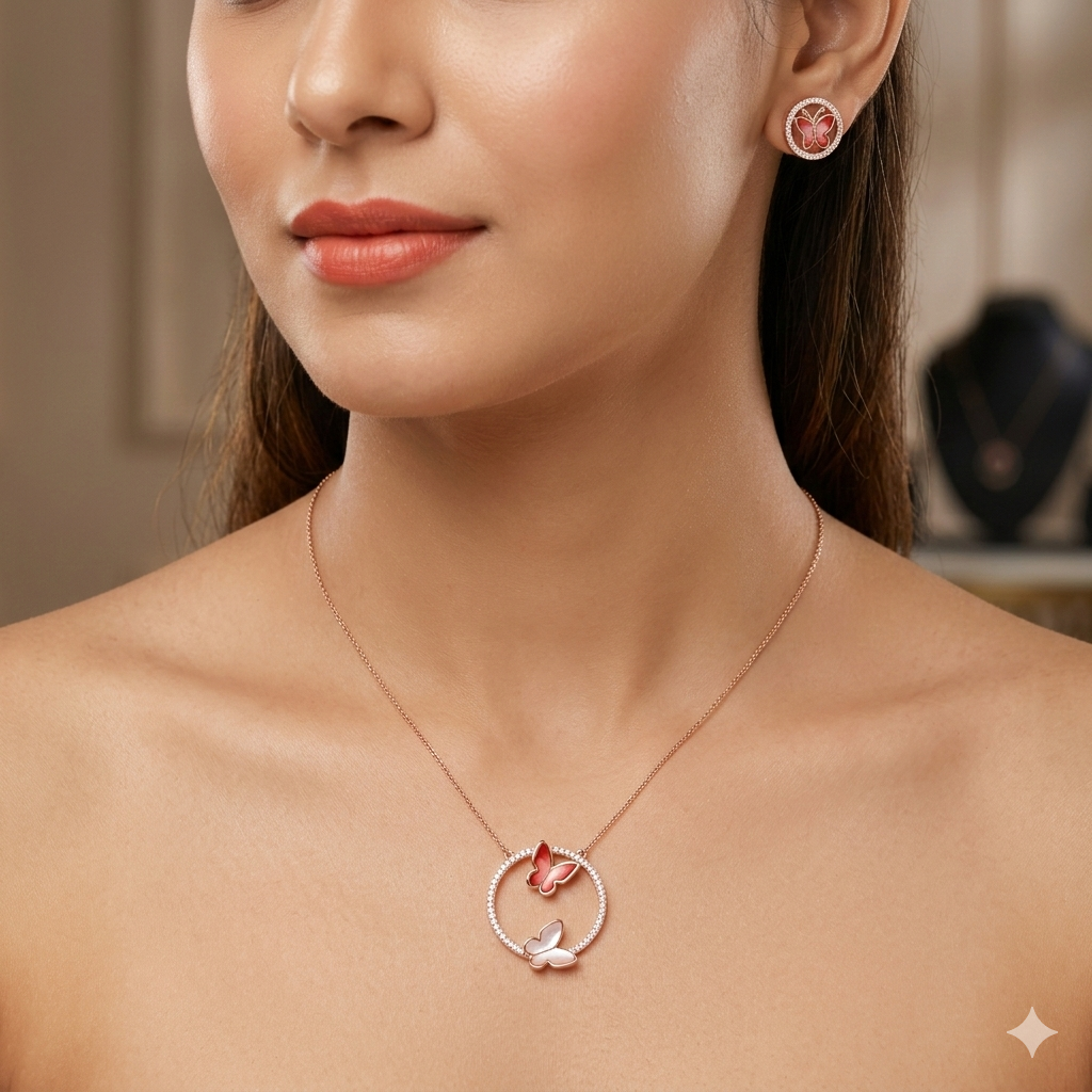 Silver Ladies Chain Set Butterfly Red RG