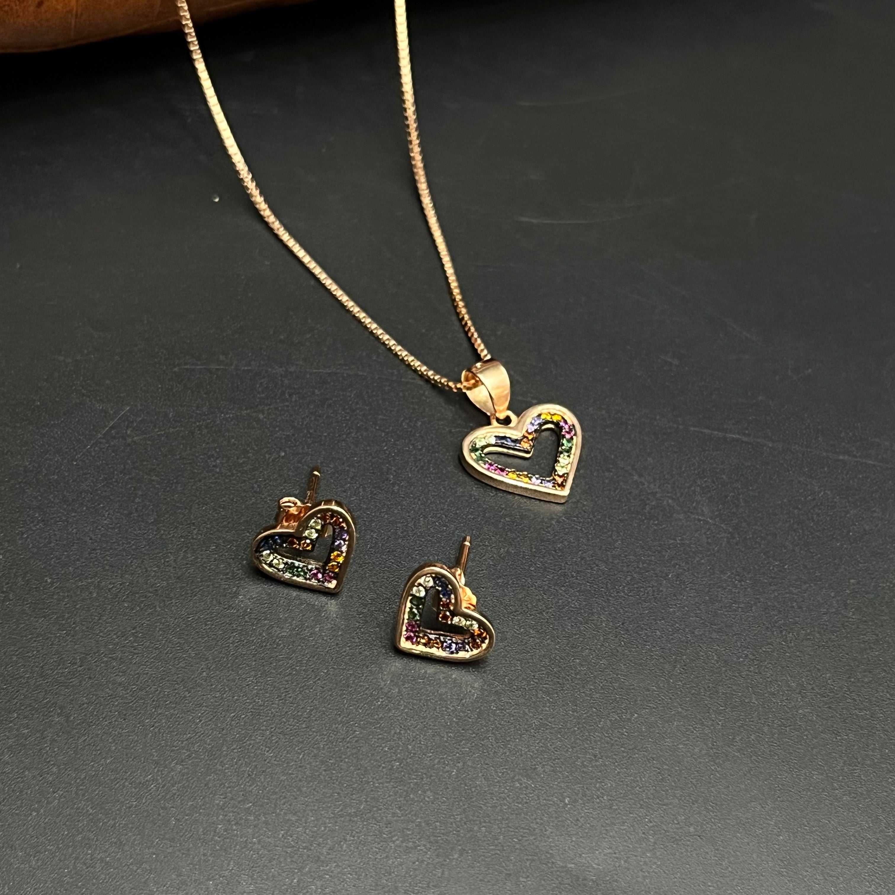 Silver Ladies Pendant Chain Set Multicolor Heart Shape Rose Gold M01 925
