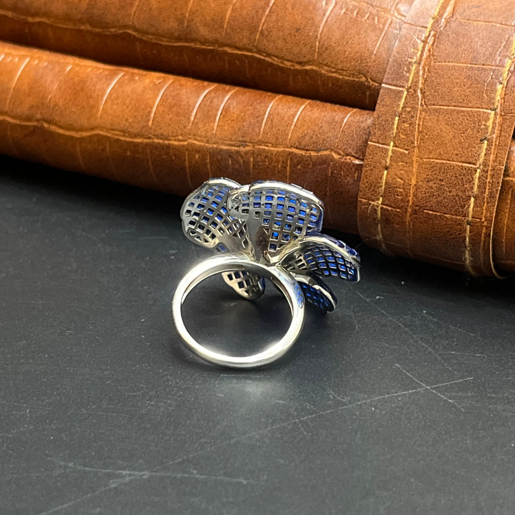 Silver Ladies Ring Ocean Blue Flower Crystal 925