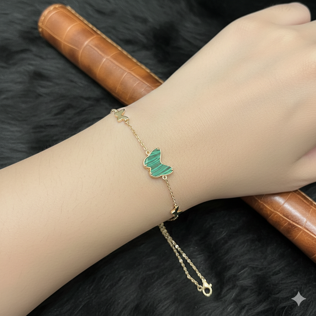 Silver Ladies Bracelet Green Matt Butterfly Rosegold