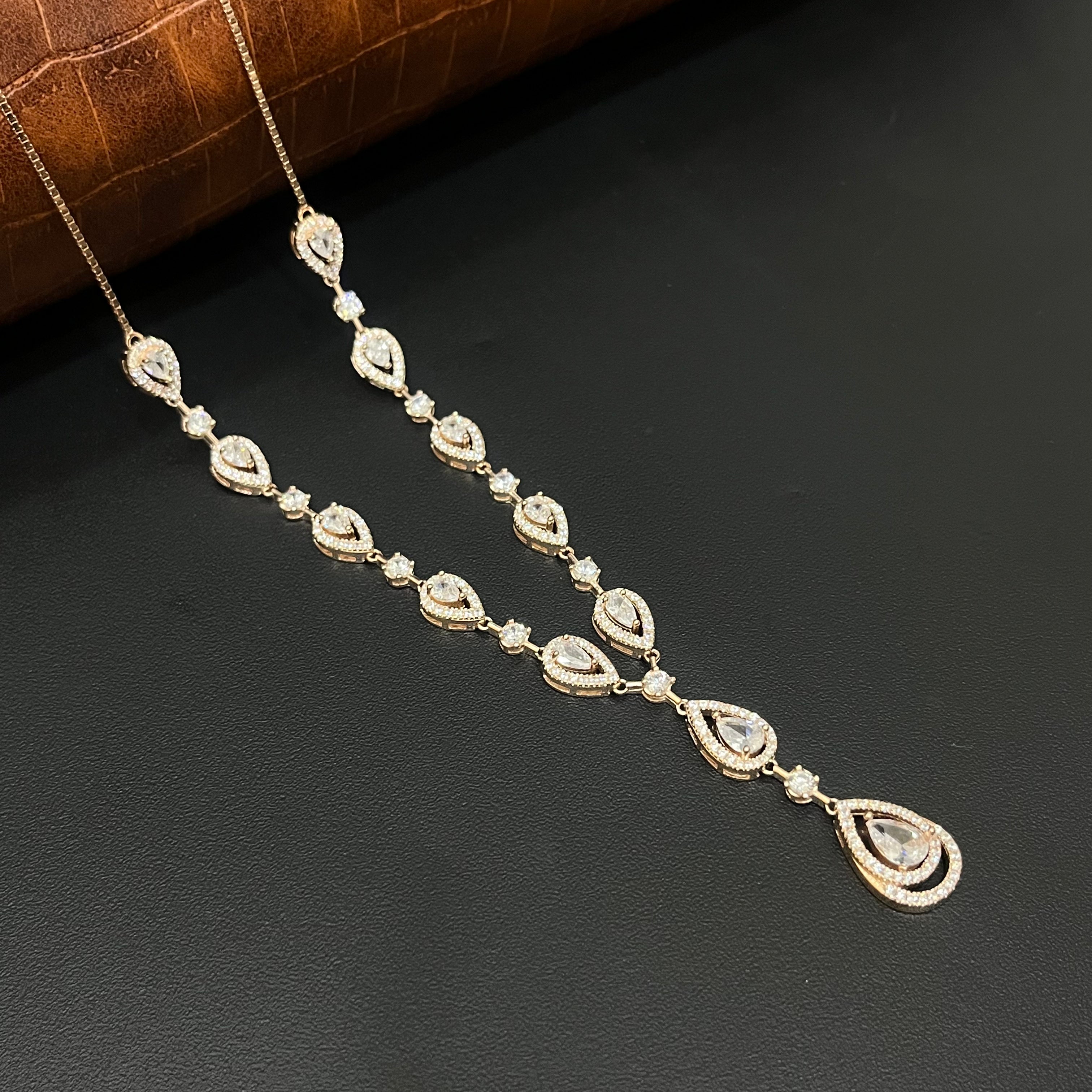 Silver Neckalce Designer Cz American Diamond Rosegold Finished