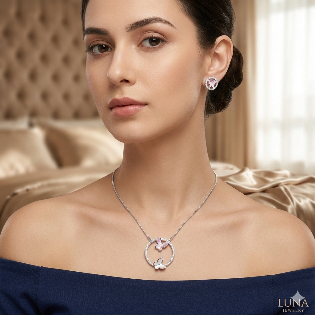Silver Ladies Pendant Chain Circle Butterfly