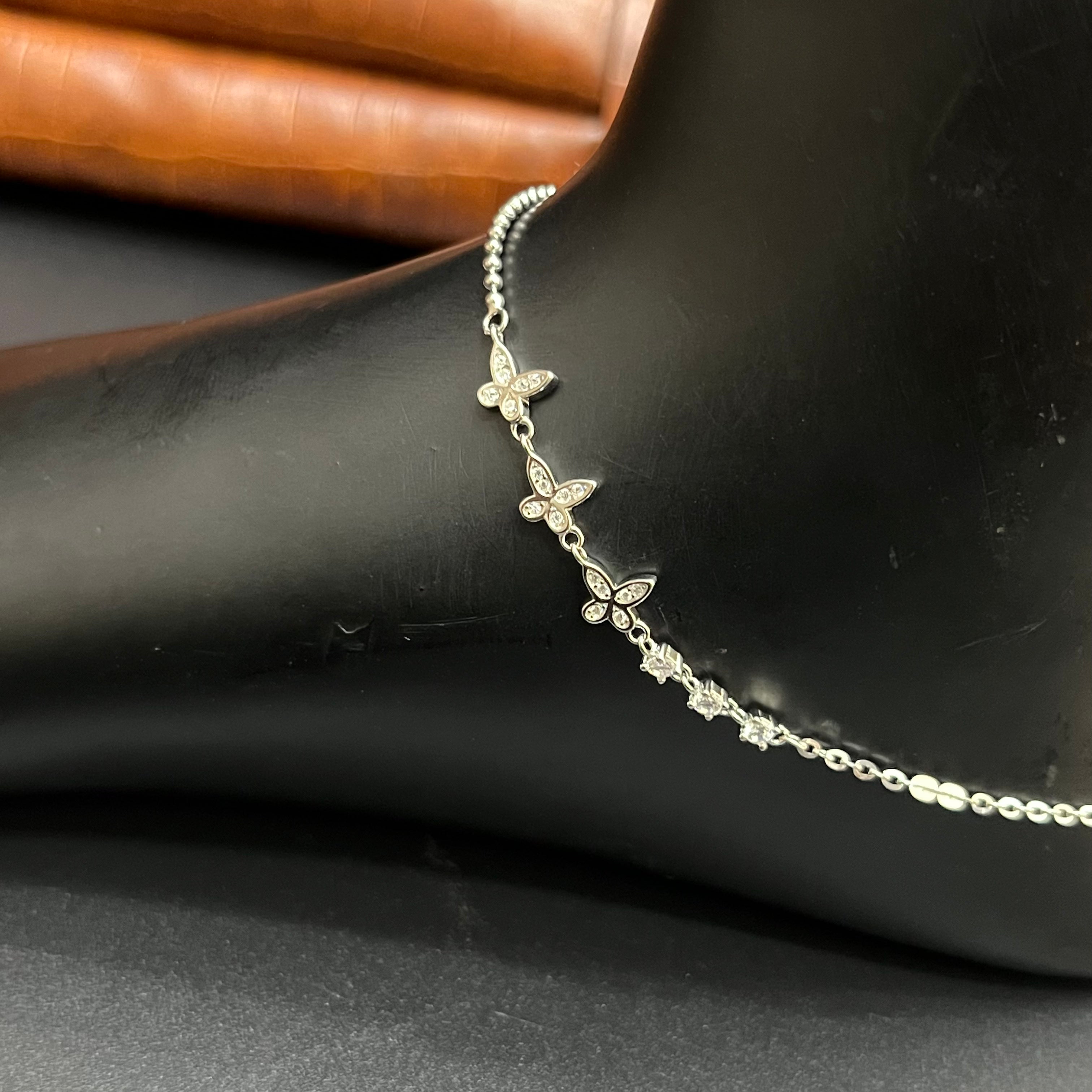 Silver Ladies Anklet Butterfly Charms Crystal Stone 925