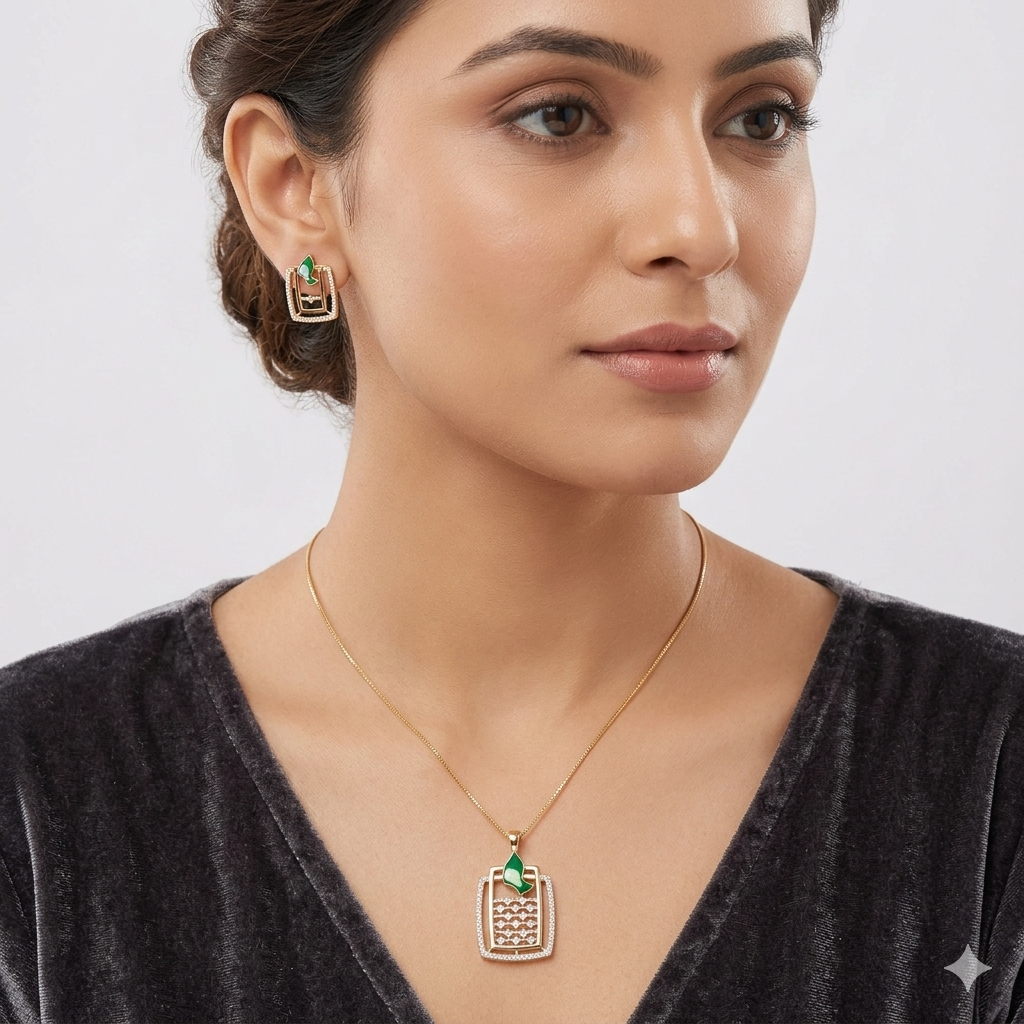 Silver Ladies Chain Set Rectangle Green Butterfly RG