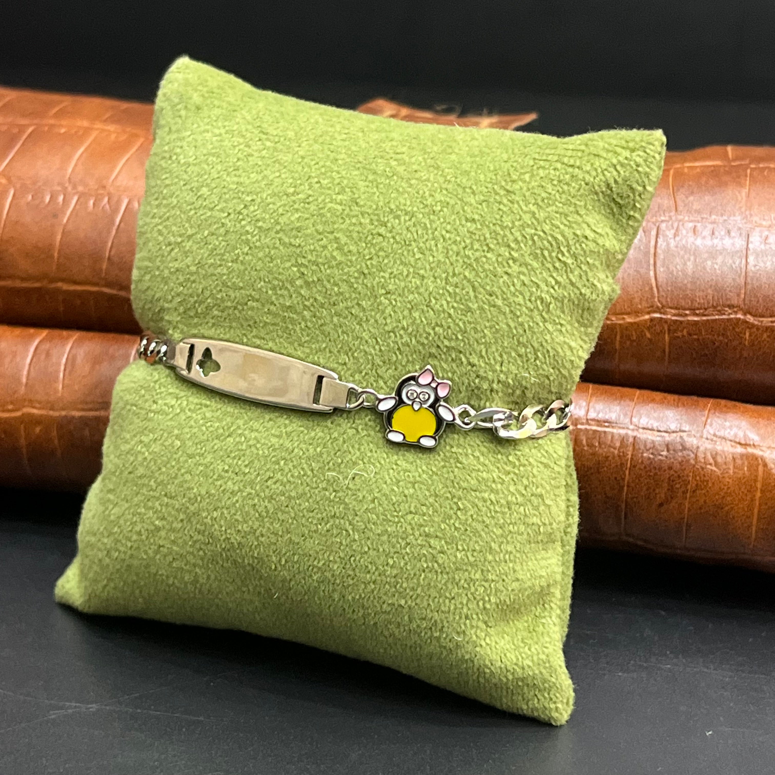 Silver Customised Kids Bracelet Cute Green Teddy Bear Charms 925