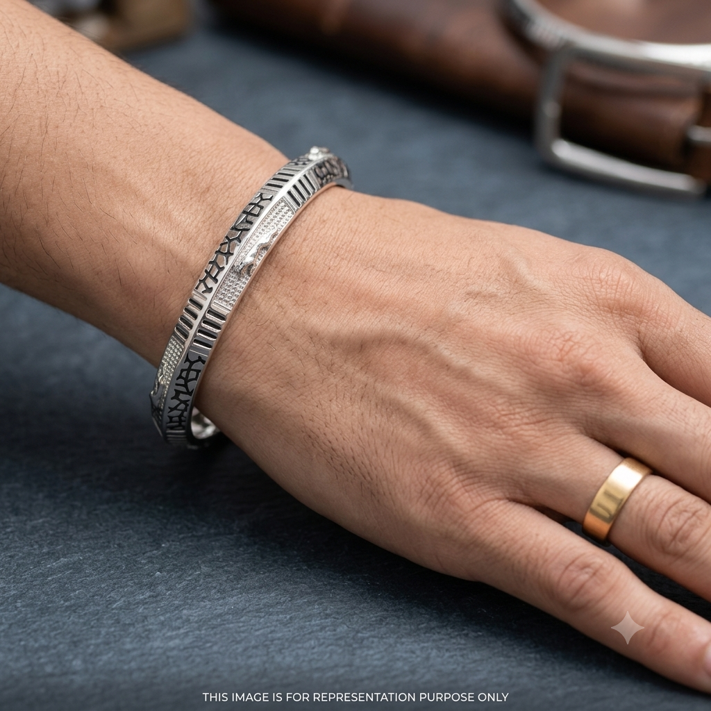 Silver Mens Kada Premium Jaquar Textured 925
