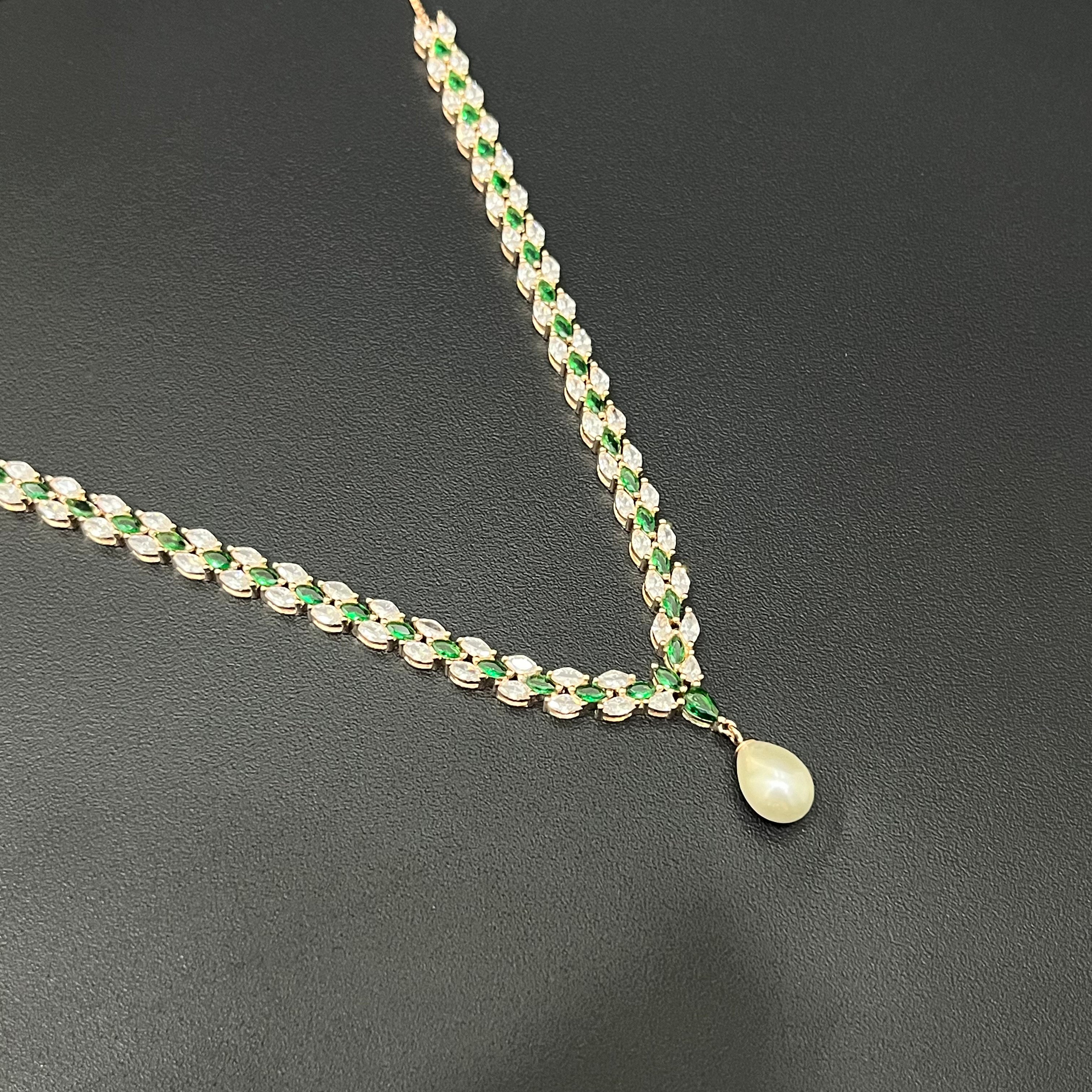 Silver Necklace American Diamond White & Green Stone Rosegold Finished