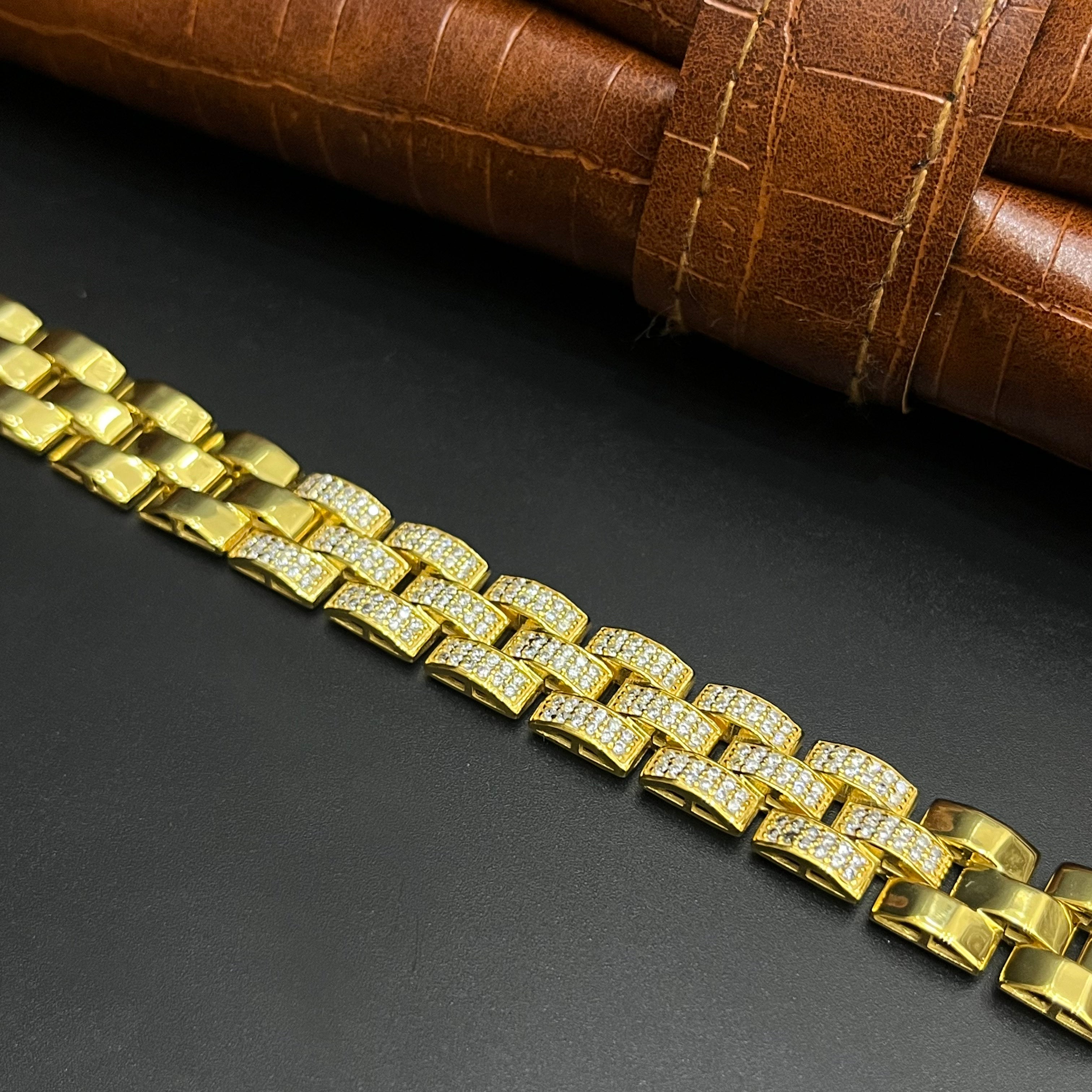Silver Mens Bracelet Royal Iced Row Link Crystal Gold Finish 925