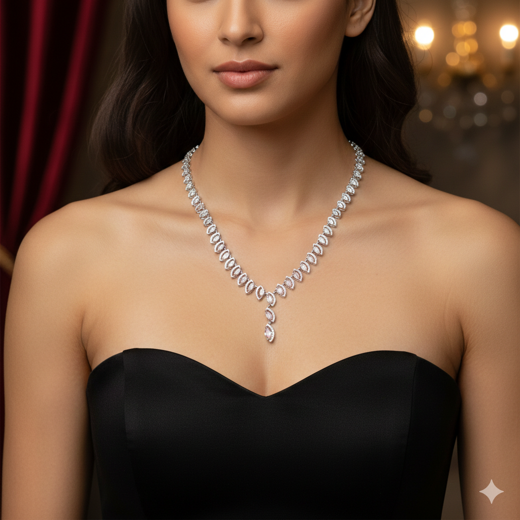 Silver Neckalce Leaf design Cz American Diamond Stones