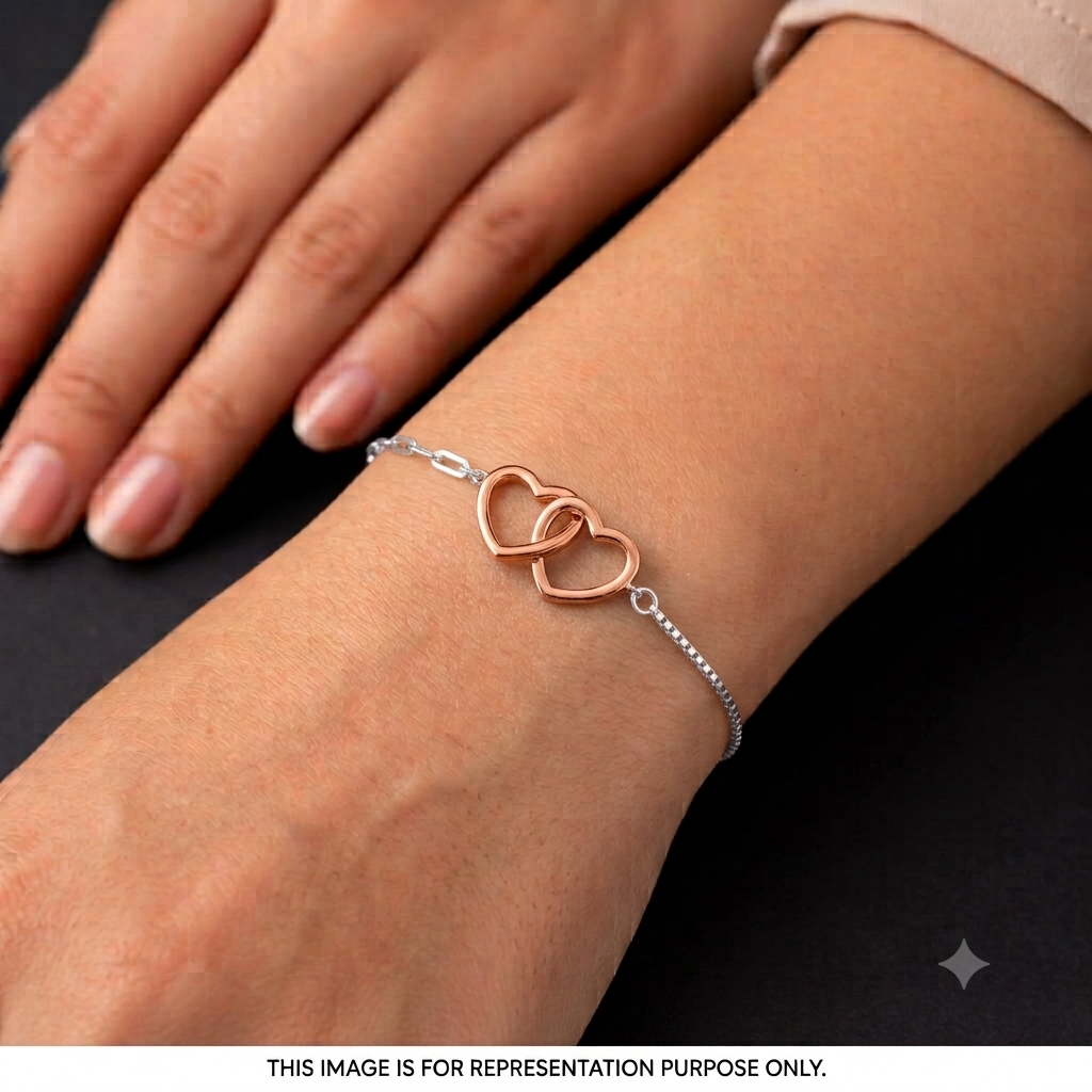 Silver Ladies Bracelet Two Heart Together 1  Rose Gold & Layer Silver One 925