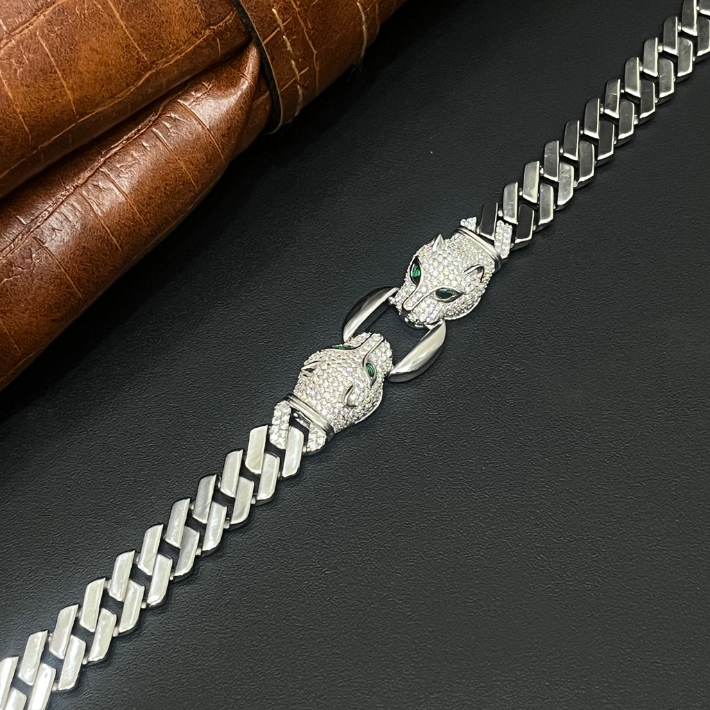 Silver Jaguar Mens Cuban Bracelet 925