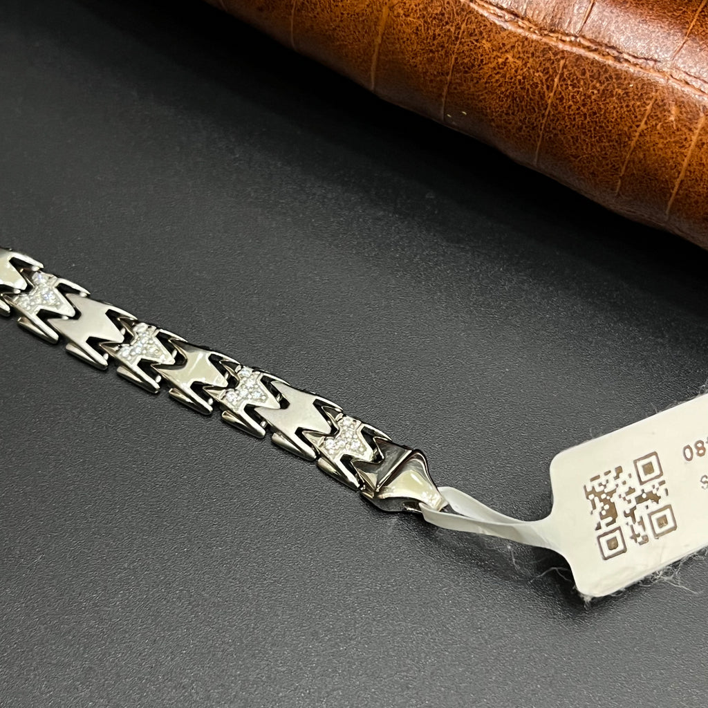 Silver Mens Bracelet W-Cut Crown Link With Stips 925