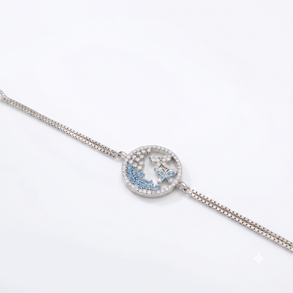 Silver Ladies Bracelet Blue Aura Floral Butterfly Two Link 1 925