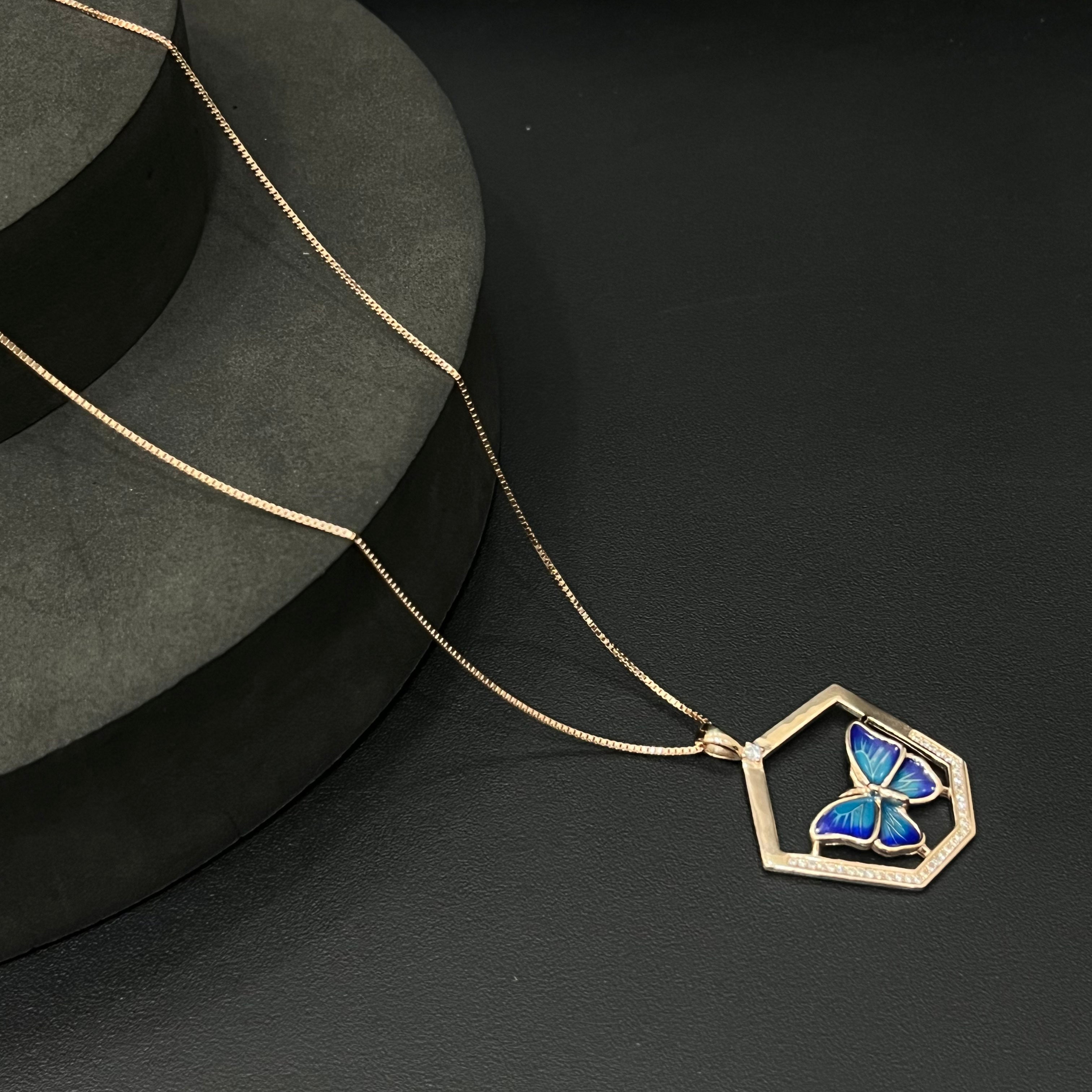 Silver Ladies Chain Set  Hexagon Blue Butterfly
