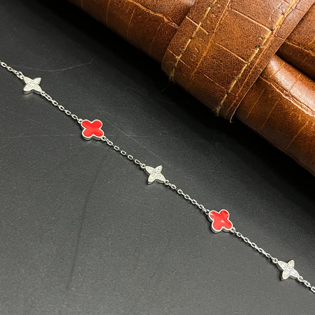 Silver Ladies Bracelet Classic Red & White Flower 925