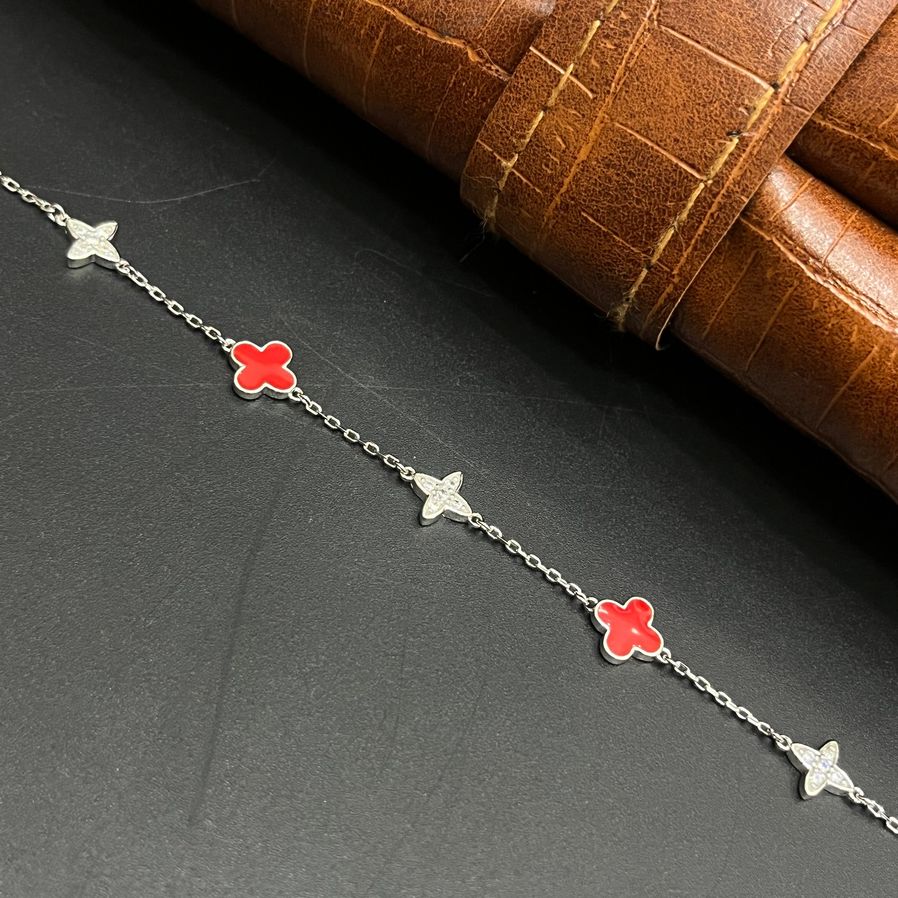 Silver Ladies Bracelet Classic Red & White Flower 925