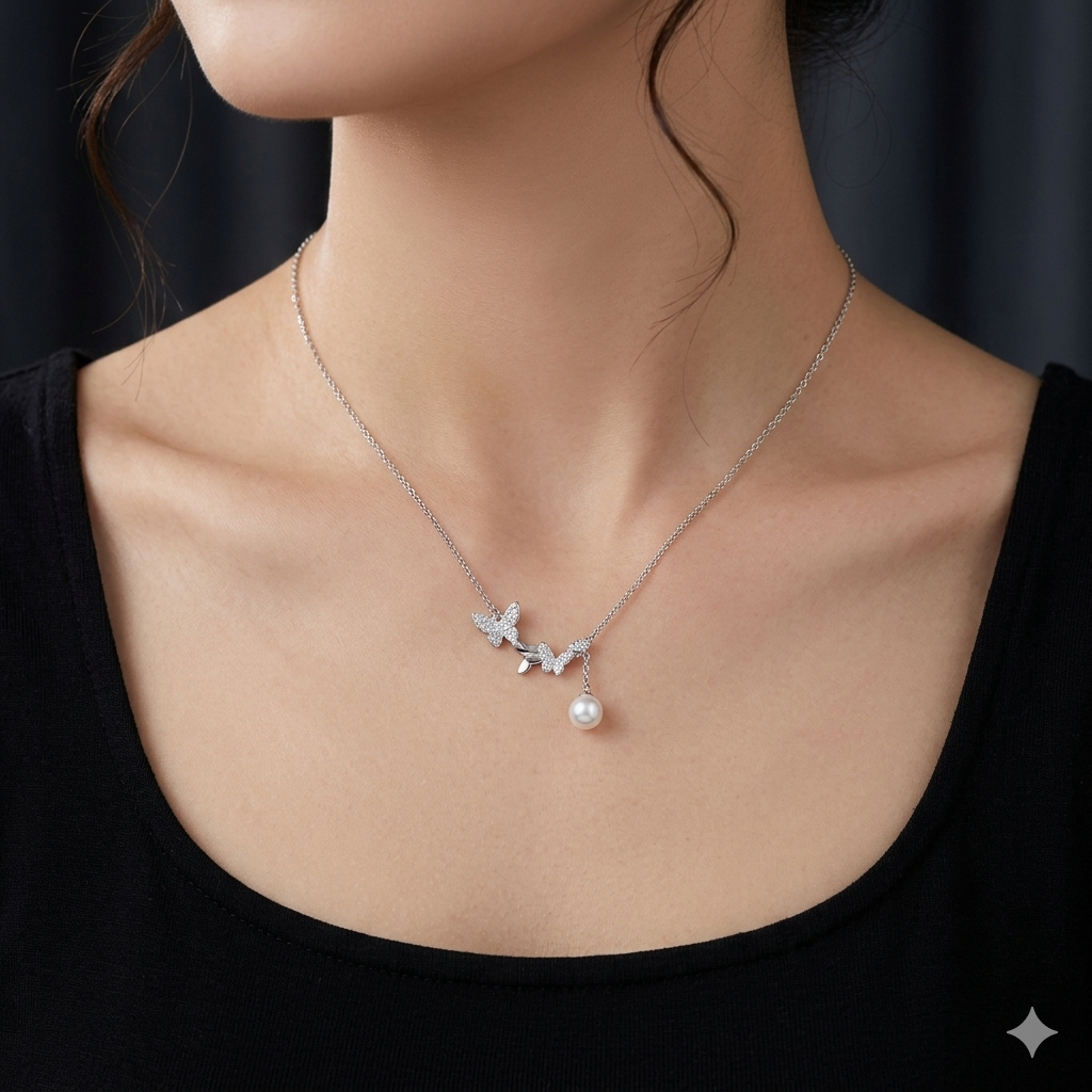 Silver Ladies Chain Double Butterfly With Pearl Hanging